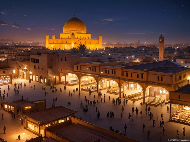 4k resolution picture, ultra realistic picture, Marrakech city, a huge mosque with dome on top, night time, entire market area views, shops everywhere, Moroccan architectures,