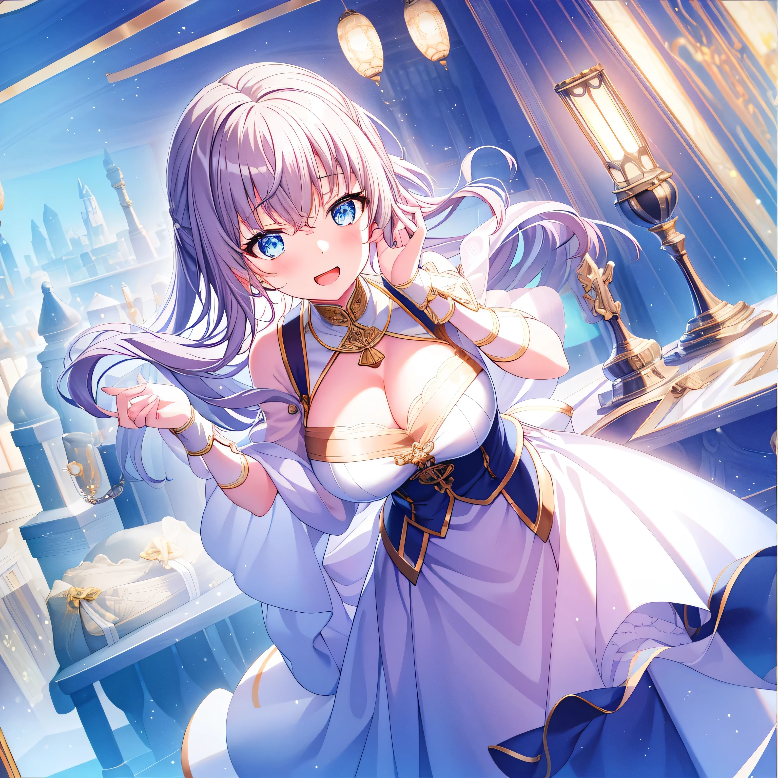 detailed, dense, masterpiece, A girl, Beautiful big breasts, Wearing a white cardigan, permanent,Standing by the bed,With blanket, white hair, , Light and smooth skin, Light skin, Shiny Hair, Clear eyes, Light's eyes,blue eyes, Light pink lips, (Audience looking down: 0. 8) Smile, Cheeks dyed red, Very shy, open mouth, By Bangs, White sleeves, White coat, A girl, soft skin,Large cleavage, Light skin, Light, Rich Light, room Lighting, Simple gold necklace, Diamond necklace, white lace bra, White lace, white lace underwear, High Angle, Low Angle, (masterpiece: 1.0), (Practical: 1.6), (Soft Focus: 1.5),black,