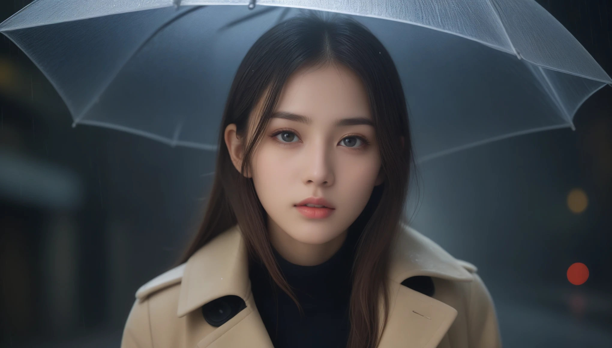 8K, Ultra-high resolution, highest quality, masterpiece, Surreal, photograph,Three-part method, 1 girl, (16 years old:1.3), pretty girl, Cute face, Beautiful eyes in every detail,(highest quality,masterpiece:1.3,In 8K),(Photorealistic:1.4,RAW shooting,Caustics),Night City,(Very heavy rain:1.2),Street lamp,(Street lampの光を反射して白く輝く雨粒:1.2),(Woman looking up at the sky),Middle Hair,Sad expression,Long coat,Bust up shot,((Thin legs))、Bold Pose,super cute super model、Please look closely at the camera,Vivid details、detailed、Surreal、Light and shadow,Strong light,Fashion magazine cover,Thin lips