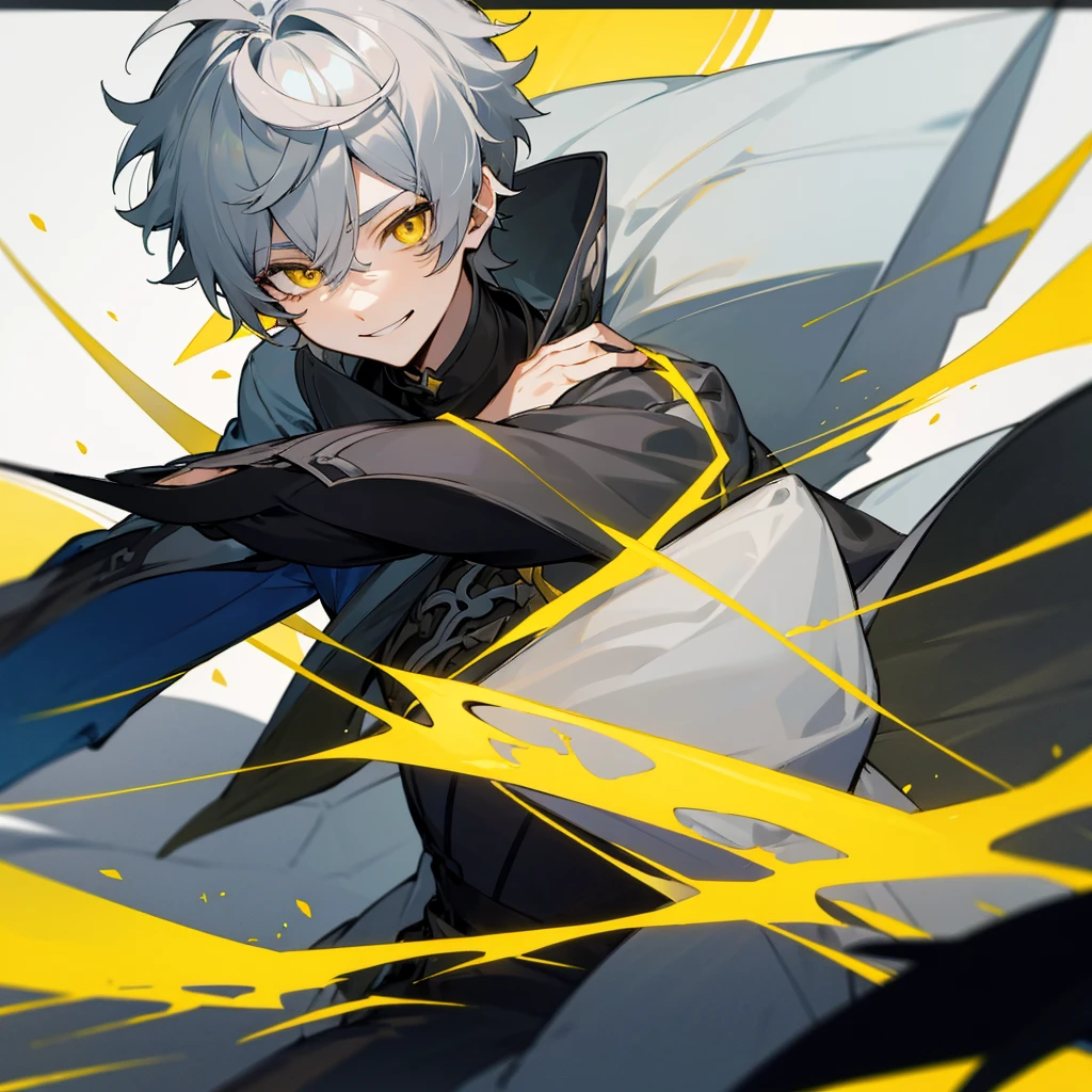 Aether from Genshin Impact. Grey hair. Short hair. Yellow eyes. Sharp pupils. Areogant smile. 1boy.