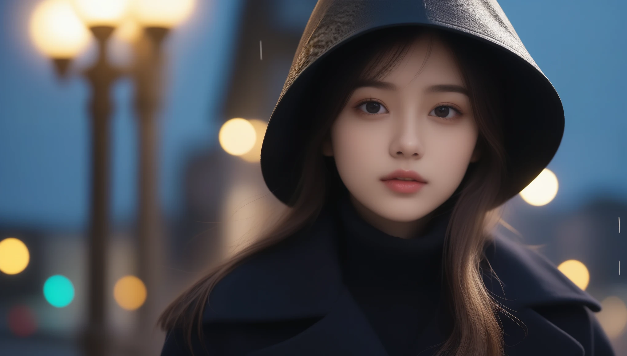 8K, Ultra-high resolution, highest quality, masterpiece, Surreal, photograph,Three-part method, 1 girl, (:1.3), pretty girl, Cute face, Beautiful eyes in every detail,(highest quality,masterpiece:1.3,In 8K),(Photorealistic:1.4,RAW shooting,Caustics),Night City,(Very heavy rain:1.2),Street lamp,(Street lampの光を反射して白く輝く雨粒:1.2),(Woman looking up at the sky),Middle Hair,Sad expression,Long coat,Bust up shot,((Thin legs))、Bold Pose,super cute super model、Please look closely at the camera,Vivid details、detailed、Surreal、Light and shadow,Strong light,Fashion magazine cover,Thin lips