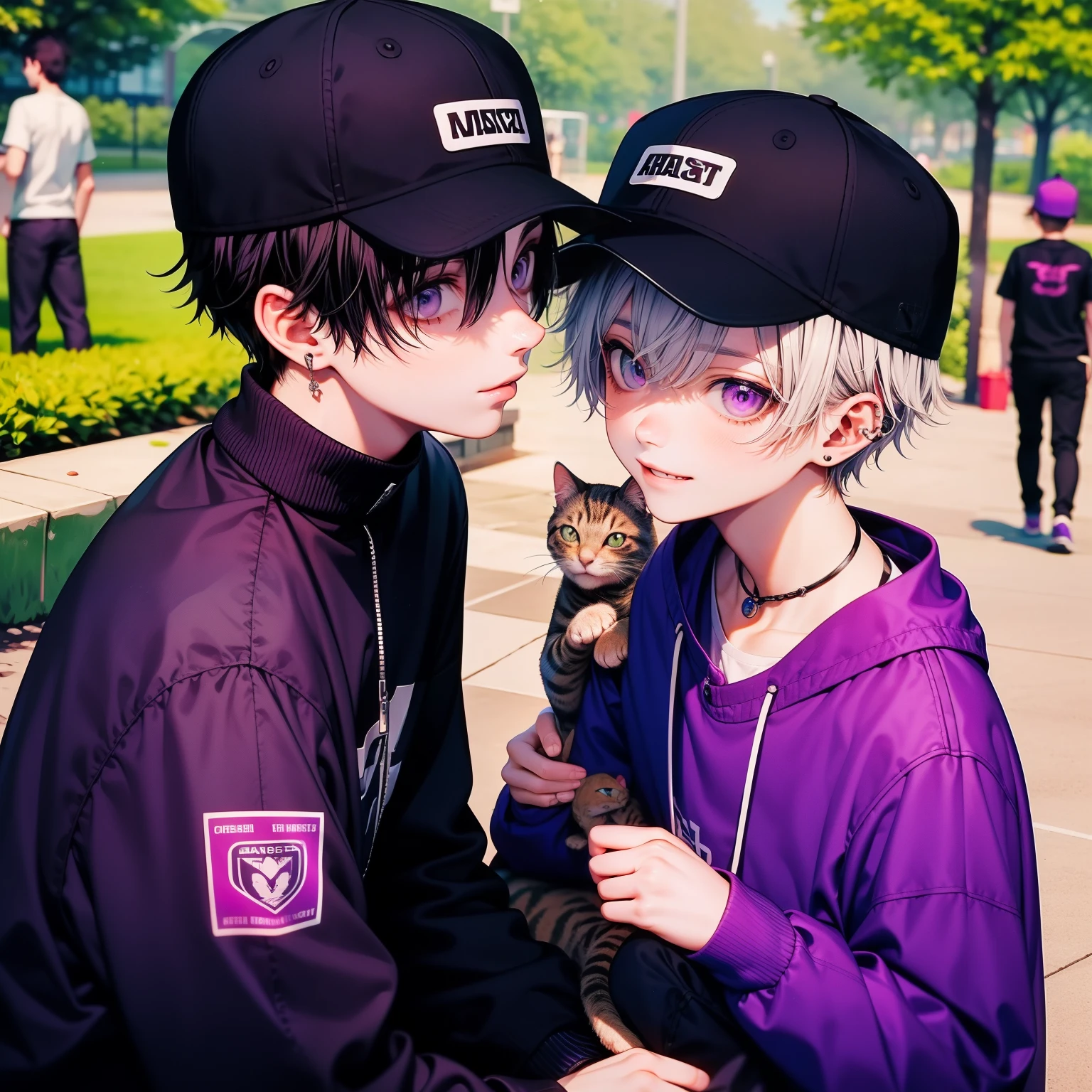 20-year-old、Adult male、Short Hair,Sports Cap、cool、cool、Handsome、smile、Purple Hair、Purple eyes、Purple clothes、Playing in the park、Cat