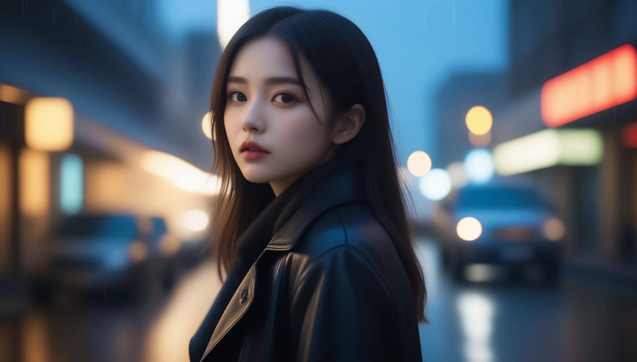 8K, Ultra-high resolution, highest quality, masterpiece, Surreal, photograph,Three-part method, 1 girl, (16 years old:1.3), pretty girl, Cute face, Beautiful eyes in every detail,(highest quality,masterpiece:1.3,In 8K),(Photorealistic:1.4,RAW shooting,Caustics),Night City,(Very heavy rain:1.2),Street lamp,(Street lampの光を反射して白く輝く雨粒:1.2),(Woman looking up at the sky),Middle Hair,Sad expression,Long coat,Bust up shot,((Thin legs))、Bold Pose,super cute super model、Please look closely at the camera,Vivid details、detailed、Surreal、Light and shadow,Strong light,Fashion magazine cover,Thin lips