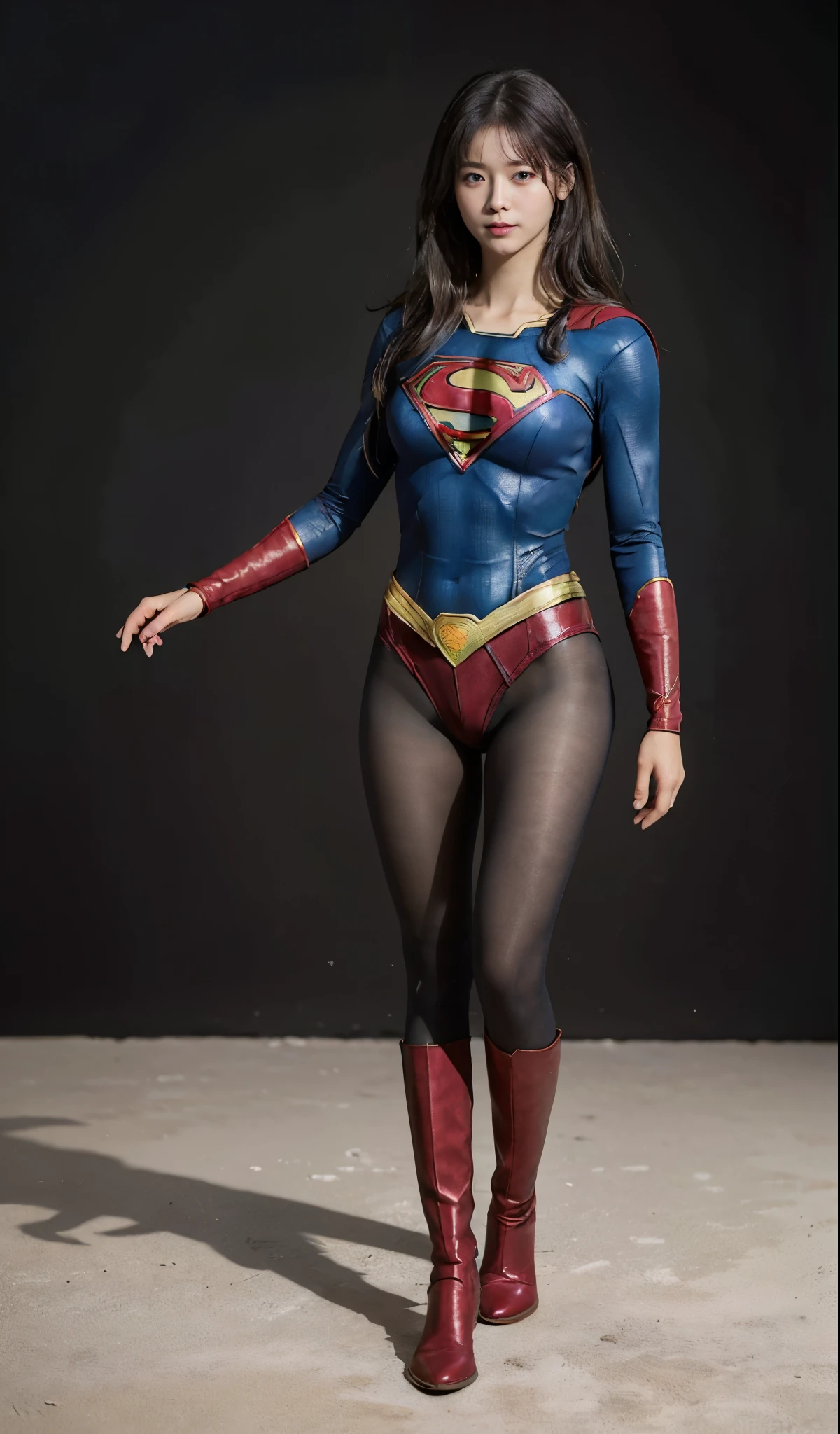 No background、(((Beautiful legs in black tights.)))、(((Legally express the beauty of your smile)))、((((Make the most of your original images)))、(((Supergirl Costume)))、(((Beautiful boyish hairstyle)))、(((suffering)))、(((Please wear black tights....、Wear red boots)))、((Best image quality、8k))、((highest quality、8k、masterpiece:1.3))、(((Preserve background )))、Sharp focus:1.2、Beautiful woman with perfect figure:1.4、Slim Abs:1.2、Wet body:1.5、Highly detailed face and skin texture、8k