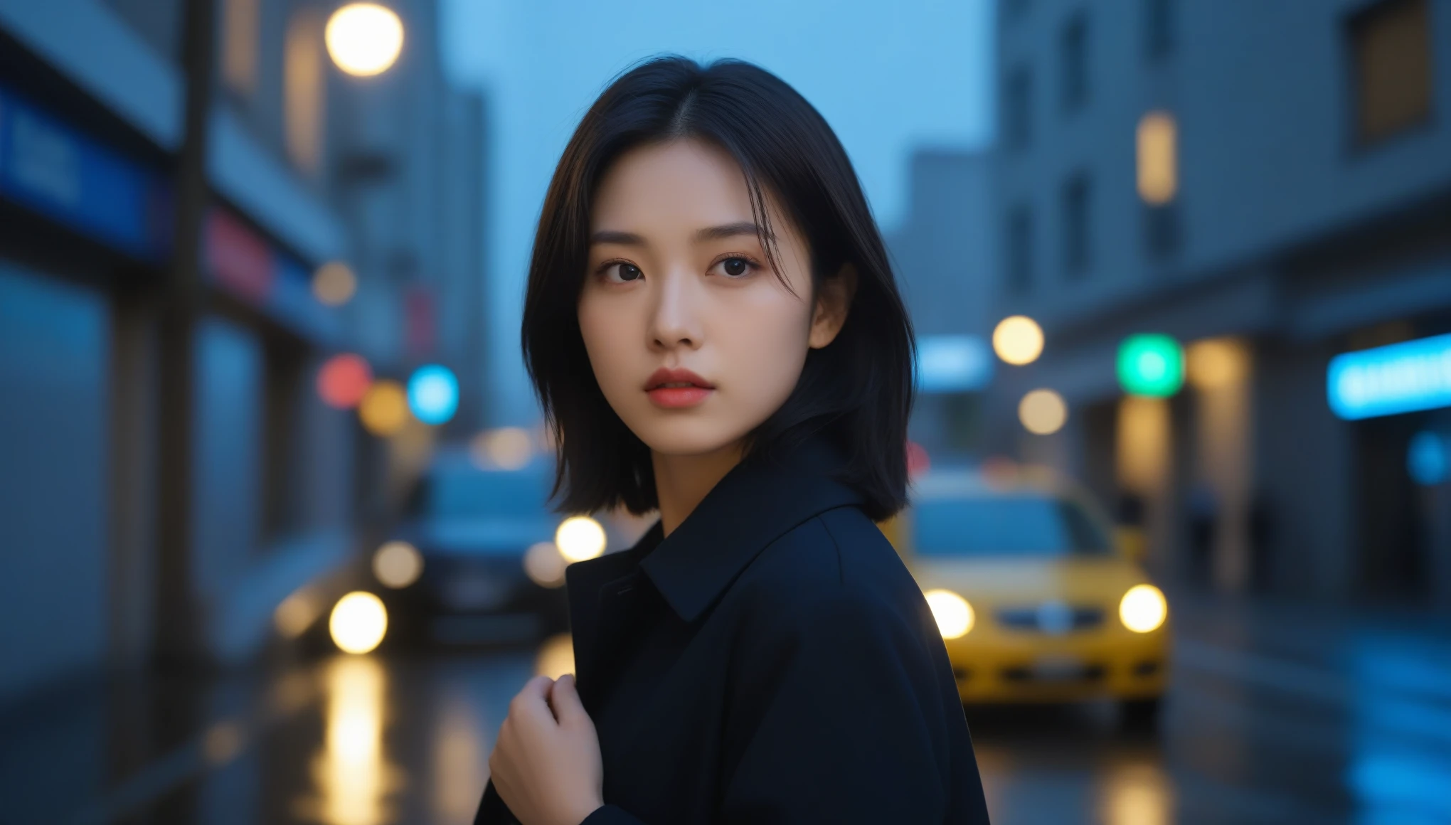 8K, Ultra-high resolution, highest quality, masterpiece, Surreal, photograph,Three-part method, 1 girl, (:1.3), pretty girl, Cute face, Beautiful eyes in every detail,(highest quality,masterpiece:1.3,In 8K),(Photorealistic:1.4,RAW shooting,Caustics),Night City,(Very heavy rain:1.2),Street lamp,(Street lampの光を反射して白く輝く雨粒:1.2),(Woman looking up at the sky),Middle Hair,Sad expression,Long coat,Bust up shot,((Thin legs))、Bold Pose,super cute super model、Please look closely at the camera,Vivid details、detailed、Surreal、Light and shadow,Strong light,Fashion magazine cover,Thin lips