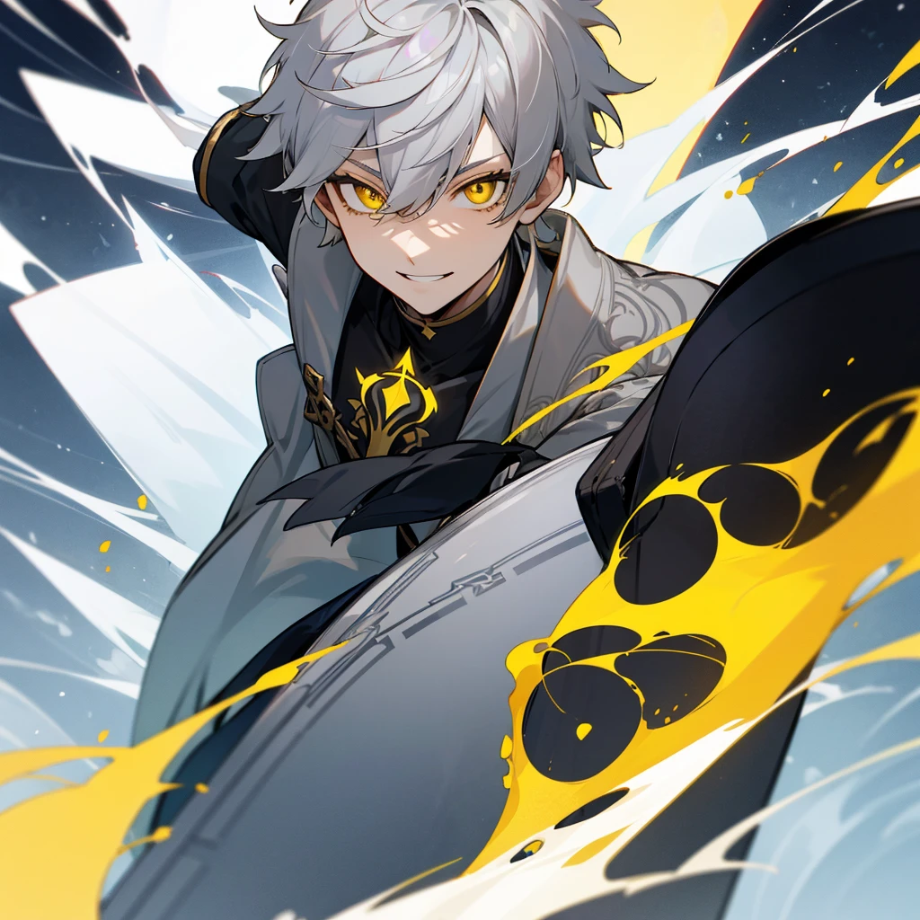 Aether from Genshin Impact. Grey hair. Short hair. Yellow eyes. Sharp pupils. Areogant smile. 1boy.