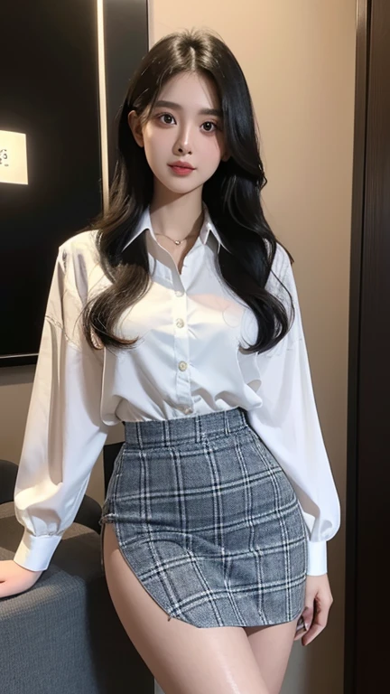 Highest quality，26 years old，woman，Long Hair，Light black hair color，Soft wavy hairstyle，With big eyes、Deep blue，Bright、Has a lively expression，Height about 165cm，Bust 86cm，Waist 63cm，Hip 89cm，Healthy and bright skin tone，Thick lips，flom below，whole body，The thighs are a little thicker，Looking at the camera，Cinema Lighting，The room is a little dark，Are standing，Tartan Skirt，White blouse，The chest area of her blouse is open wide.