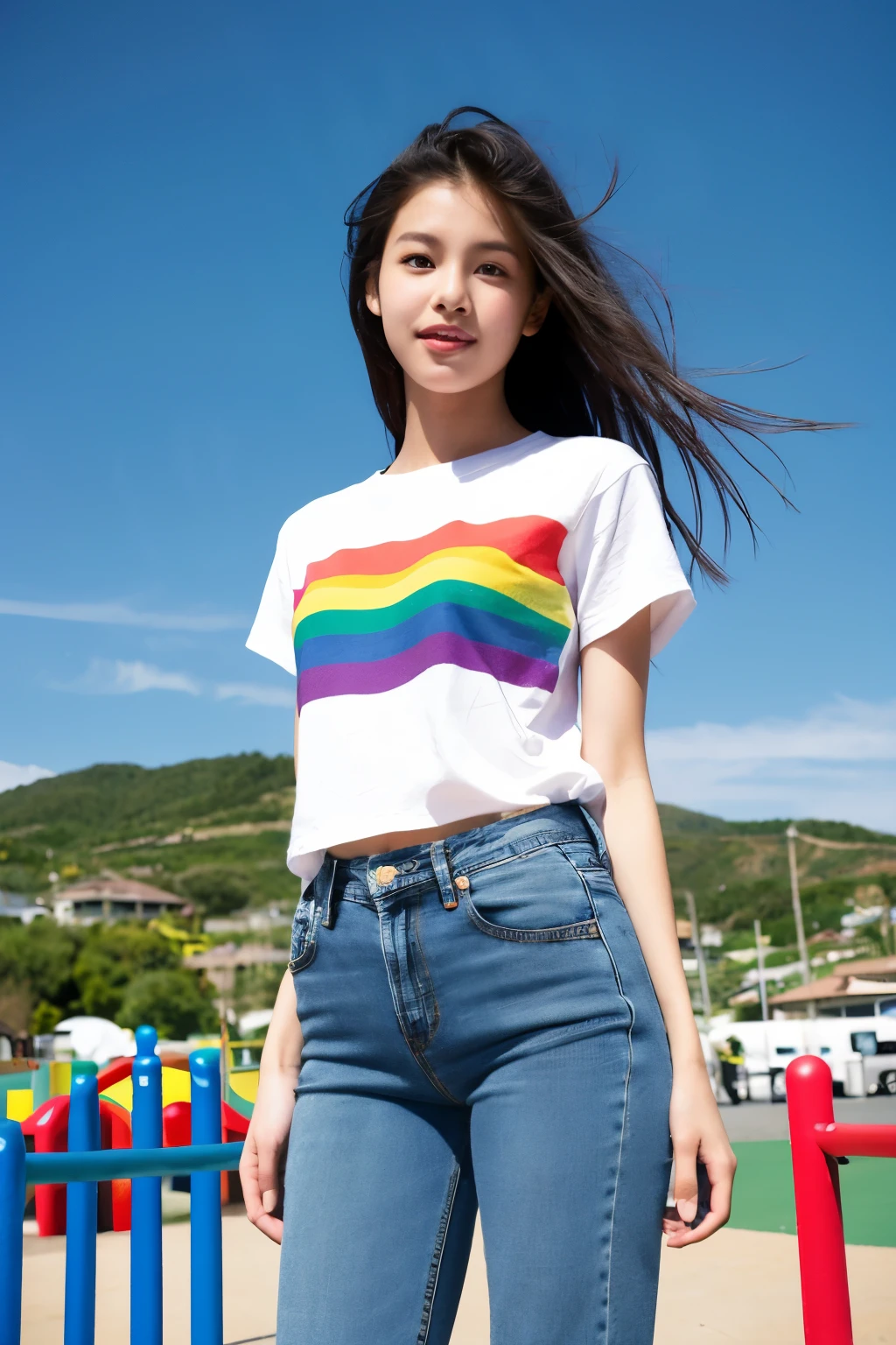 ((best quality)), ((masterpiece)), (detailed), perfect face
A young woman stands confidently on a vibrant, rainbow-colored ramp in an outdoor setting. She is wearing a black t-shirt with the word "Miss you" printed across it and blue jeans. The background features a clear sky, green hills, and a colorful playground structure.