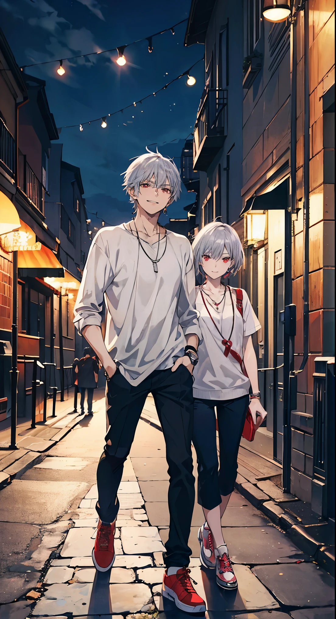 High resolution, high resolution,2D Anime Style,,Cool guy,Mature look,,20th Generation,Short Hair,Silver Hair,Red eyes,Beautiful watch,Beautiful earrings,Beautiful necklace,cool fashion,He is smiling a little,night,walking,Put your hands in your pockets,Smoking a cigarette