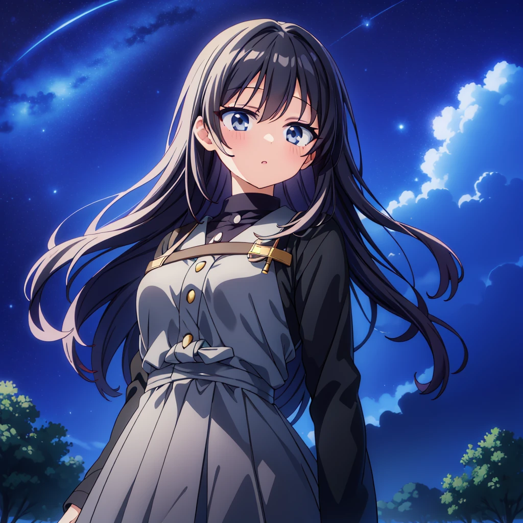 ((masterpiece)), (Attention to detail), (high quality), (最high quality), (High resolution),Eye details,1 girl, Anime Moe Art Style, Anime Best Girl, In anime movies, K-ON!!,Mio Akiyama, Black Hair ,Long Hair, (Grey Eyes), ((Retention Staff)), (magician witch),((Wear a black coat)),Have,Cartoon countryside landscape background,Beautiful anime scenery,Galaxy Sky,(evening),Cowboy Shot, From below, Nikon Filter