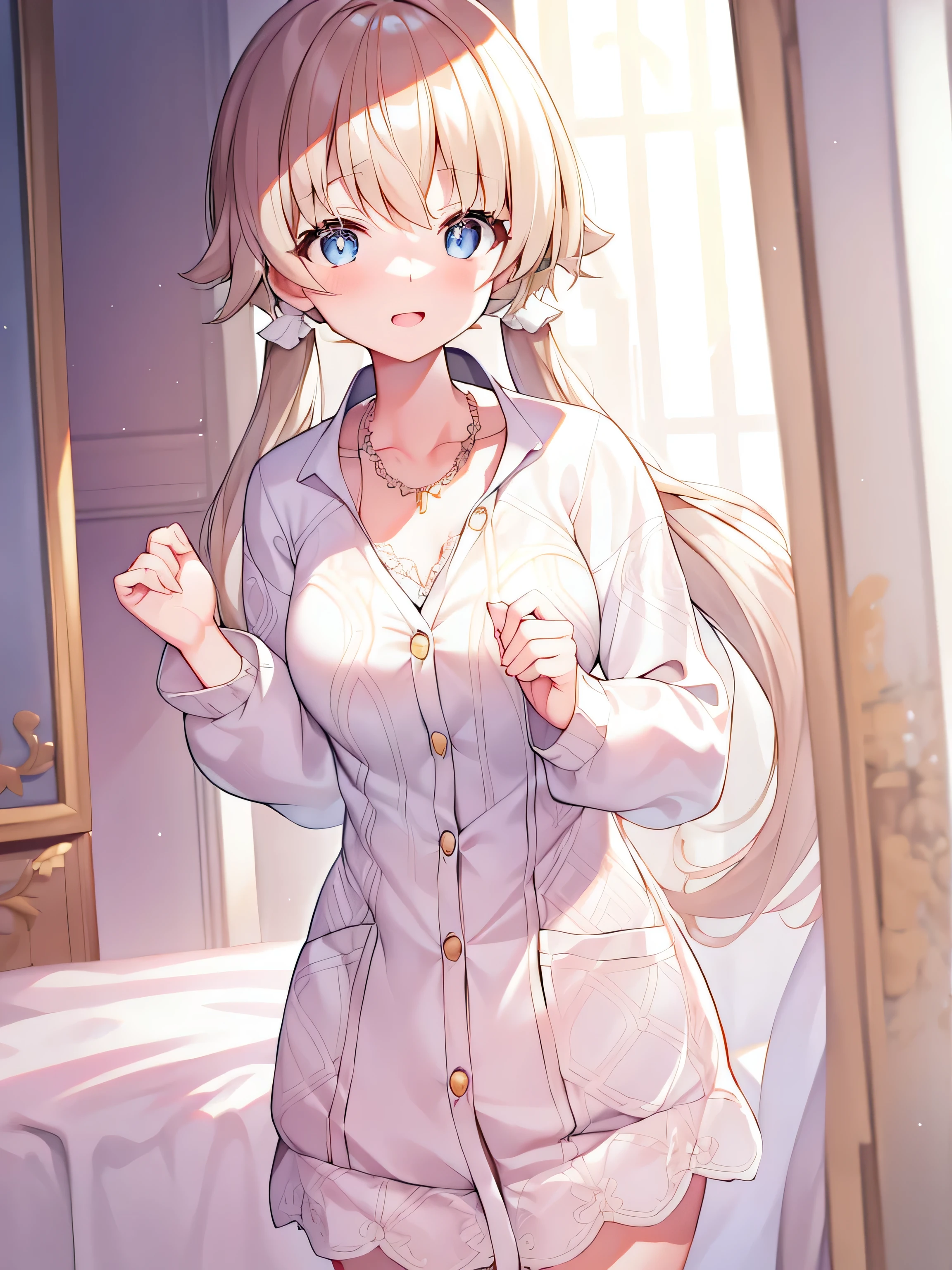 detailed， dense， masterpiece， A girl， Beautiful big breasts， Wearing a white cardigan， permanent，Standing by the bed，With blanket，  white hair， ， Light and smooth skin， Light skin， Shiny Hair， Clear eyes， Light&#39;s eyes，blue eyes， Light pink lips， （Audience looking down： 0. 8） Smile， Cheeks dyed red， Very shy， open mouth， By Bangs， White sleeves， White coat， A girl， soft skin，Large cleavage， Light skin， Light， Rich Light， room Lighting， Simple gold necklace， Diamond necklace， white lace bra， White lace， white lace underwear， High Angle， Low Angle， （masterpiece： 1.0）， （Practical： 1.6）， （Soft Focus： 1.5），black，