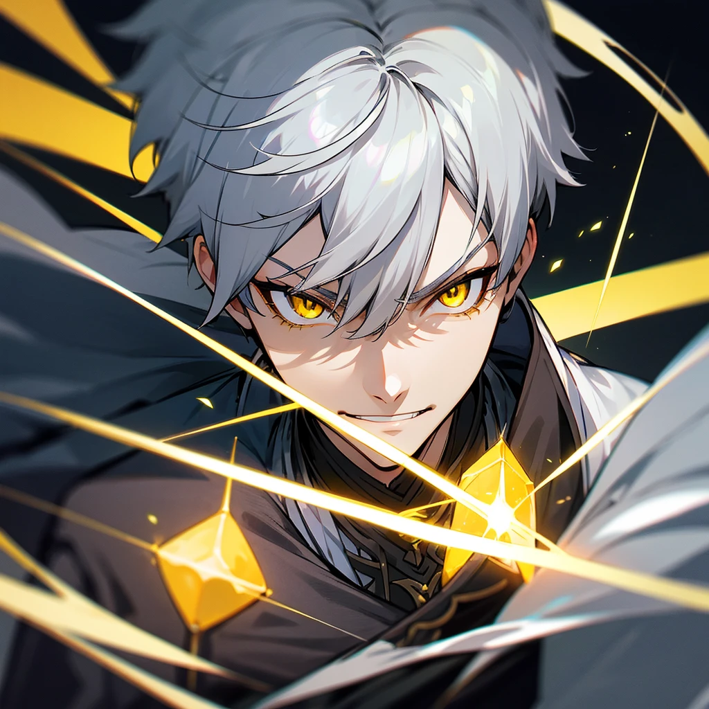 Aether from Genshin Impact. Grey hair. Short hair. Yellow eyes. Sharp pupils. Arrogant smile. 1boy. Perfect face.