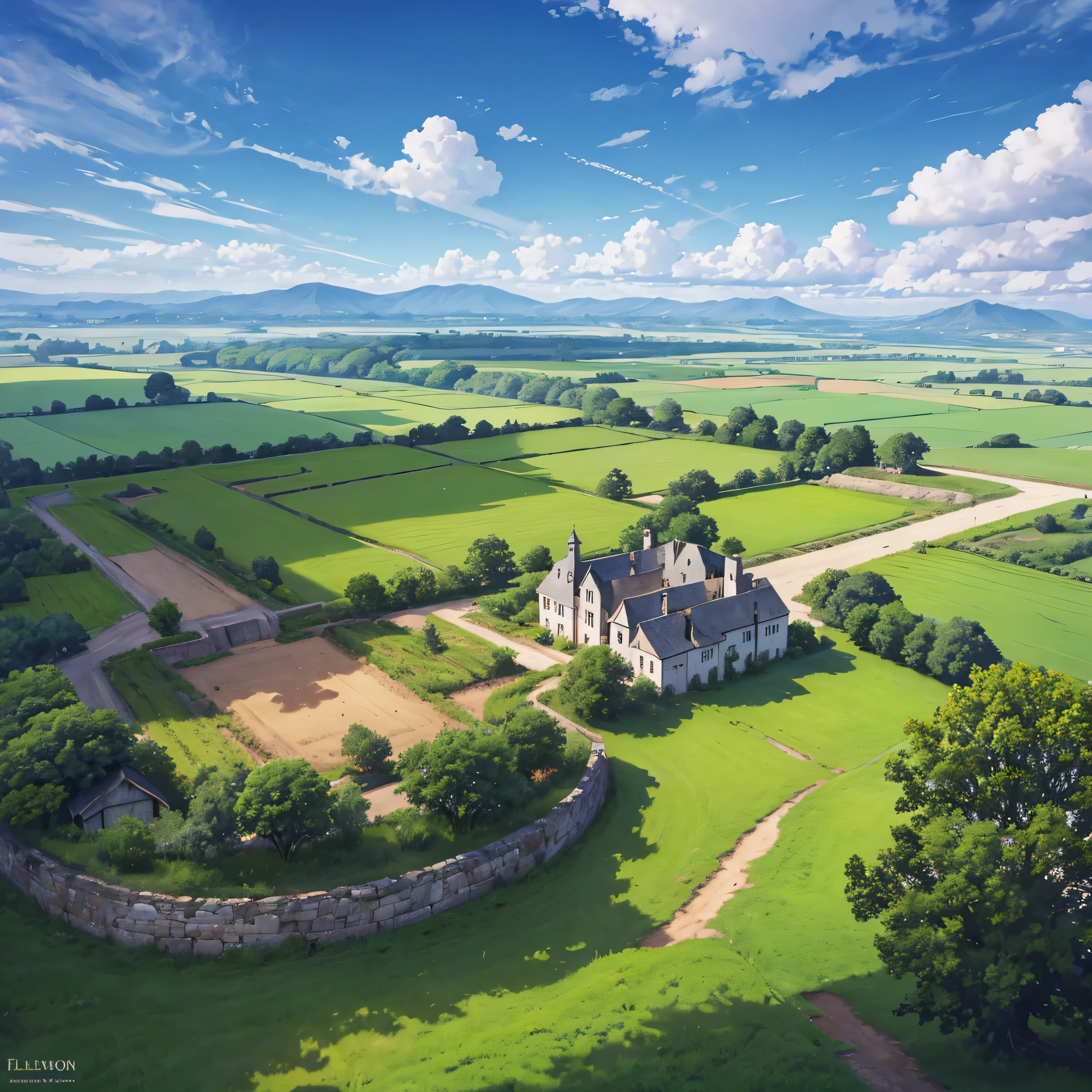 A medieval agricultural field, with dirt road, plantation fields, medieval stone houses, fenced, medieval gazebo, trees, wide view of the place, without any characters in the scene, its blue with white clouds, bloom,, HDR, ultra resolution, sharp, masterpiece, 8K HD