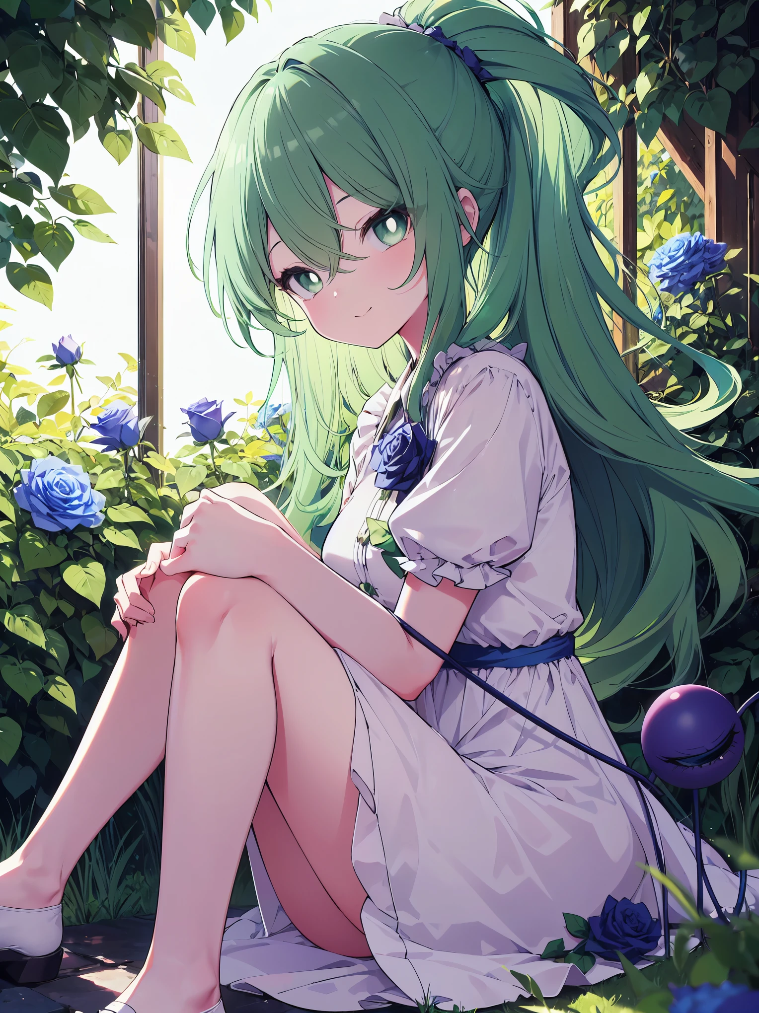 (side view), (colorful:1.1), glowing, (ultra-high resolution, depth of field:1.2), looking at viewer, Touhou project, (komeiji koishi:1.1), (1woman), adult, medium breasts, (dark green eyes), white pupils, glowing eyes, green hair, wavy hair, (long hair), ponytail, (wearing a white summer dress:1.2), A closed blue-purplish "third eye", with cords wrapped around her torso and attached to each of her ankles, (blue roses in the background), garden scenery, gentle smile, (squinting eyes)