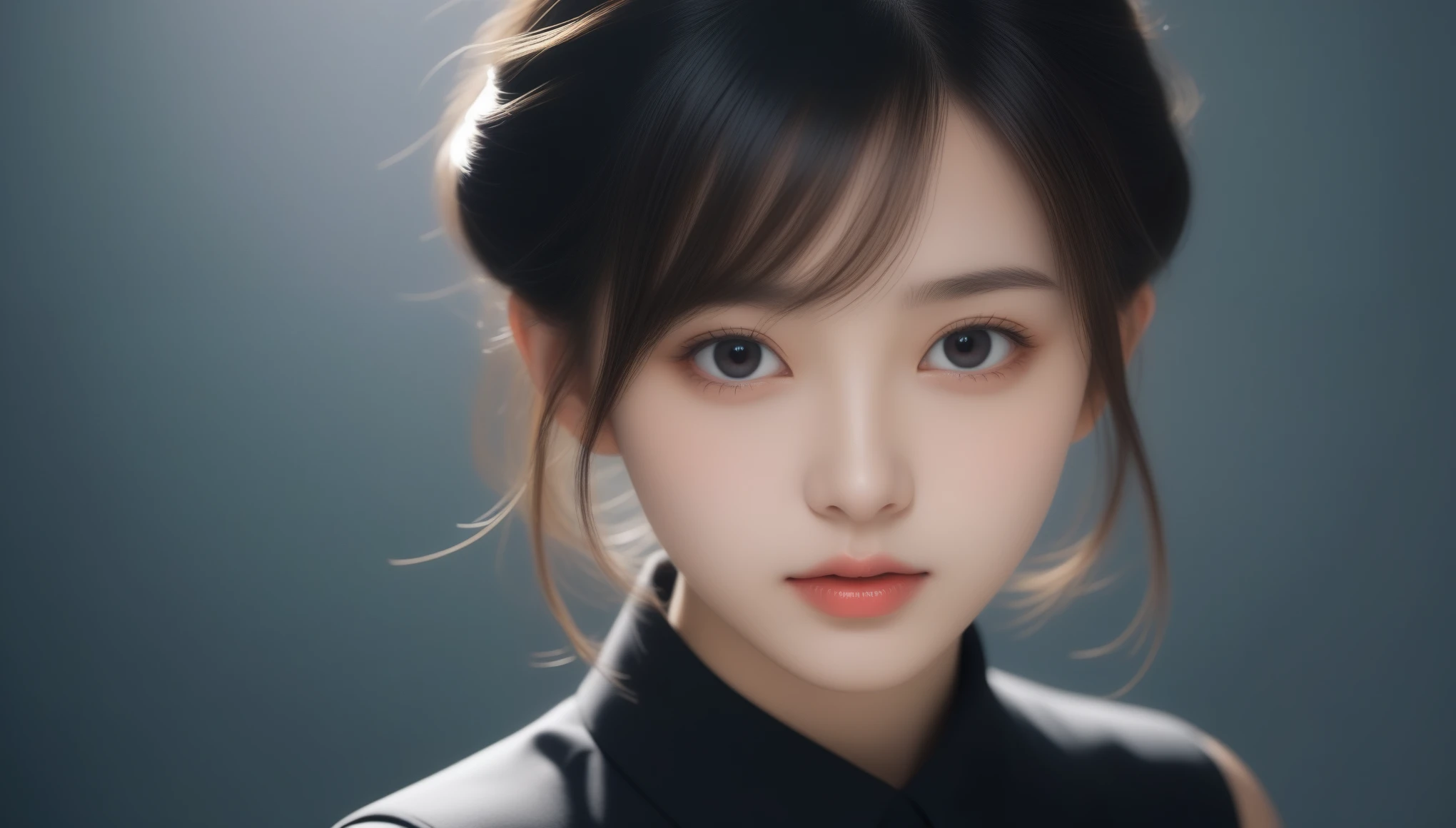 8K, 超High resolution, highest quality, masterpiece, Surreal, photograph, 1 girl, (16 years old:1.3), cute日本の女の子, cuteface, Beautiful eyes in every detail, black silk dress、intellectual,(Gaziantep:1.5), close, masterpiece, highest quality, 生photograph, Realistic, face, Unbelievably absurd, beautiful girl, cute, Bun Hair, Depth of written boundary, High resolution, 超detailed, finely, 非常にdetailedな, 非常にdetailedな eyes and face, Sharp pupils, Realistic students, Sharp focus, Cinematic lighting、Depth of written boundary、Vivid details、detailed、Surreal、Light and shadow,Strong light,Fashion magazine cover,Thin lips