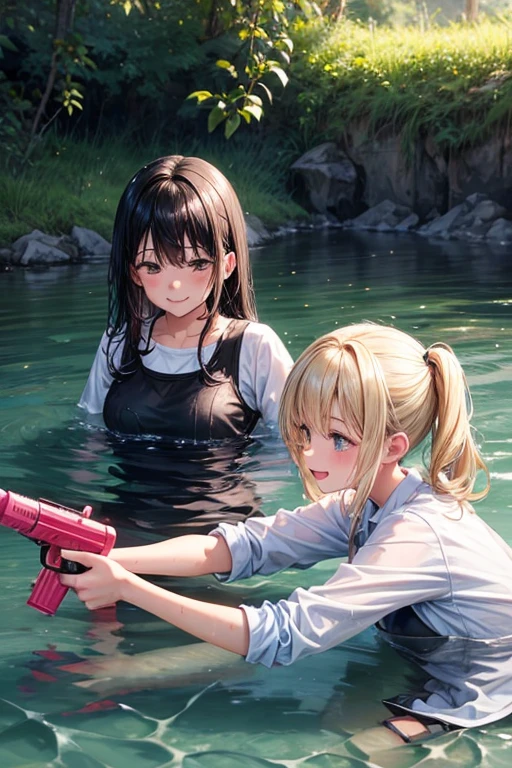 2 girls in playing in a river,smile,cute,black hair and blond hair,Wet clothes,wetting hair,water gun