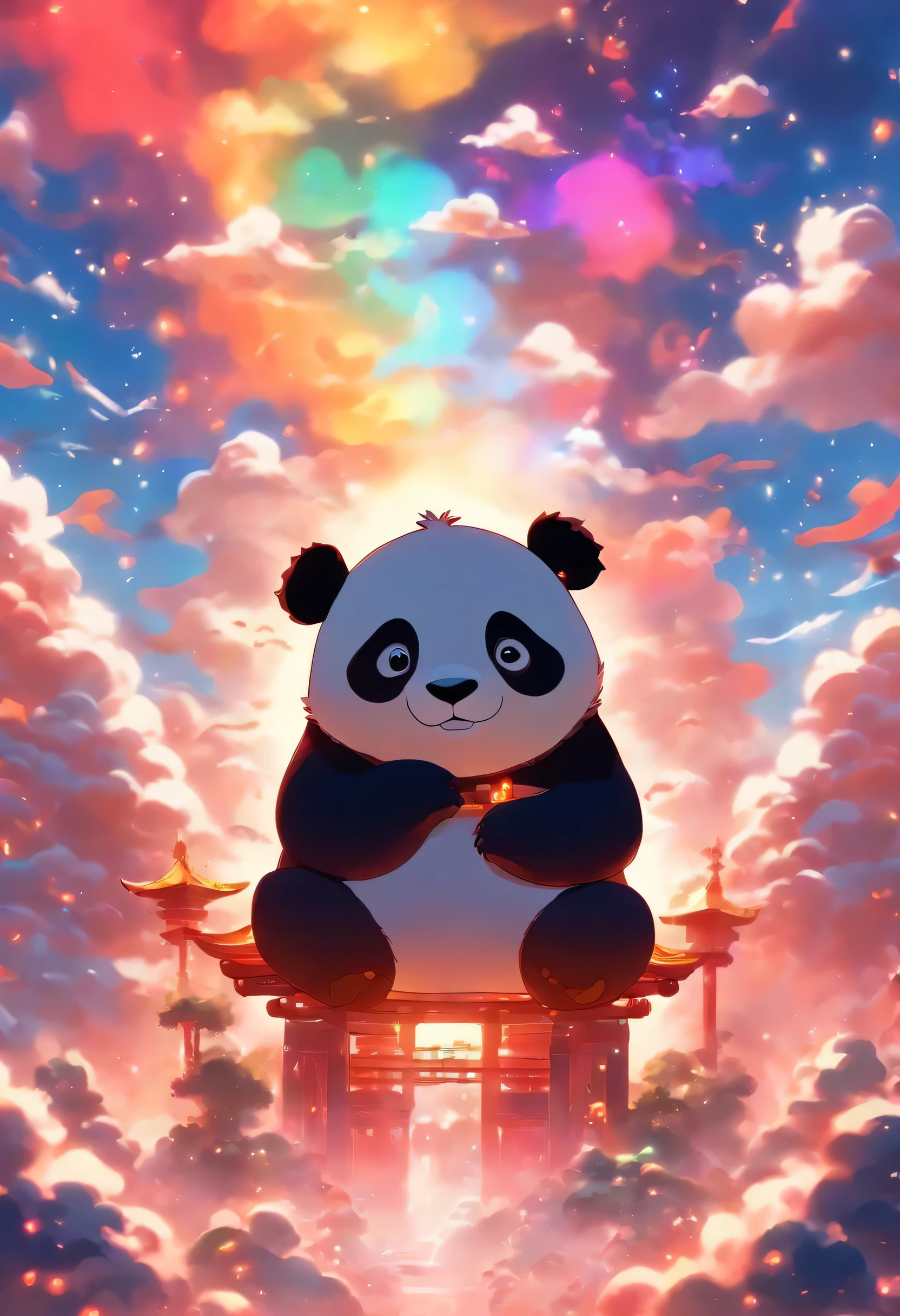 masterpiece, best quality,blind box toy style, ghibli-like colors, from the side, atmospheric perspective, f/1.8, UHD, masterpiece, ccurate, high detail, high quality, high resolution, a panda meditating, meditating, hands folded, chinese auspicious clouds, surrounding, flowing,  