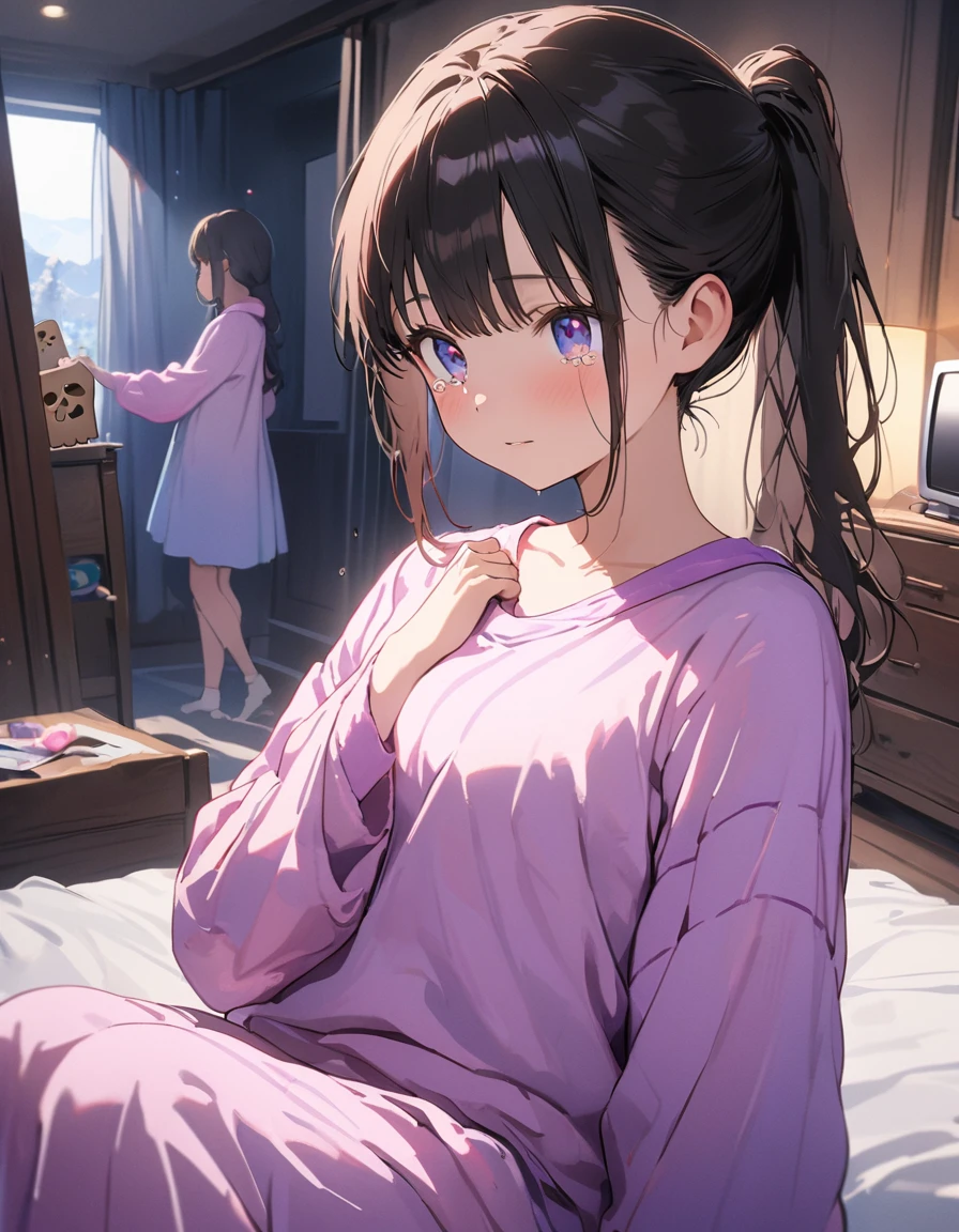 An absurd solution, High resolution, (masterpiece: 1.4), 非常にdetailed, (((detailedな顔, detailedな表現)), Two Girls, Girl and Girl, friend, best friend, Classmate, relax, ponytail, Bob, sitting on bed, Sitting on the floor, Two people having a conversation, Room Background, friend, Relatives and friends, Home, 1K, Small room, curtain, bed, tv set, machine, Loungewear, A tear-jerking scene from youth, (Tears in my eyes)、(highest quality、masterpiece、High resolution、detailed)、animeスタイル、Flat Style、(eyes shining iridescent colors illuminated light, Delicate and beautiful face, ), BREAK,extremely detailed、(The Shining), Best lighting, Best Shadow、High saturation,Dynamic Angle、anime、Nostalgic atmosphere