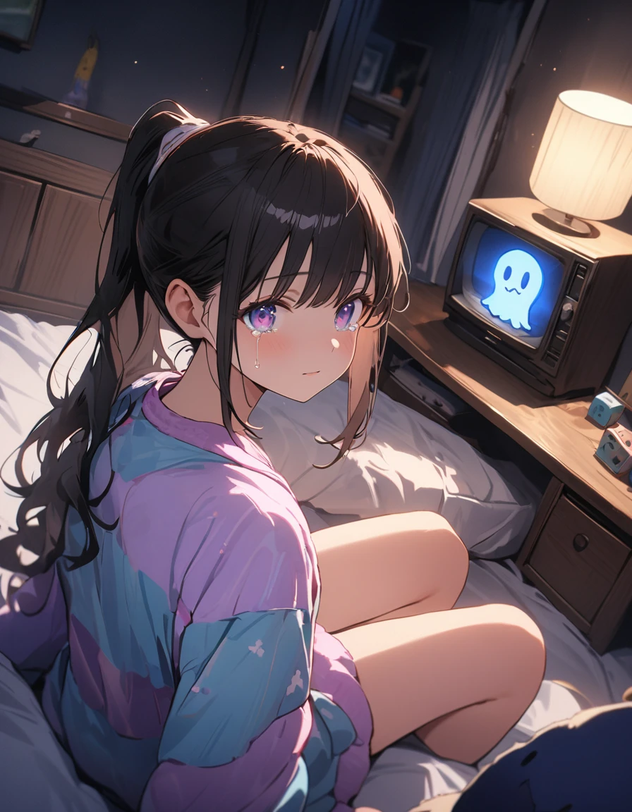 An absurd solution, High resolution, (masterpiece: 1.4), 非常にdetailed, (((detailedな顔, detailedな表現)), Two Girls, Girl and Girl, friend, best friend, Classmate, relax, ponytail, Bob, sitting on bed, Sitting on the floor, Two people having a conversation, Room Background, friend, Relatives and friends, Home, 1K, Small room, curtain, bed, tv set, machine, Loungewear, A tear-jerking scene from youth, (Tears in my eyes)、(highest quality、masterpiece、High resolution、detailed)、animeスタイル、Flat Style、(eyes shining iridescent colors illuminated light, Delicate and beautiful face, ),  BREAK,extremely detailed、(The Shining), Best lighting, Best Shadow、High saturation,Dynamic Angle、anime、Nostalgic atmosphere