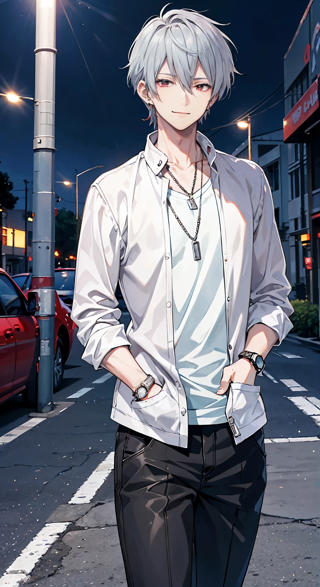 High resolution, high resolution,2D Anime Style,,Cool guy,Mature look,,20th Generation,Short Hair,Silver Hair,Red eyes,Beautiful watch,Beautiful earrings,Beautiful necklace,cool fashion,He is smiling a little,night,walking,Put your hands in your pockets,Smoking a cigarette