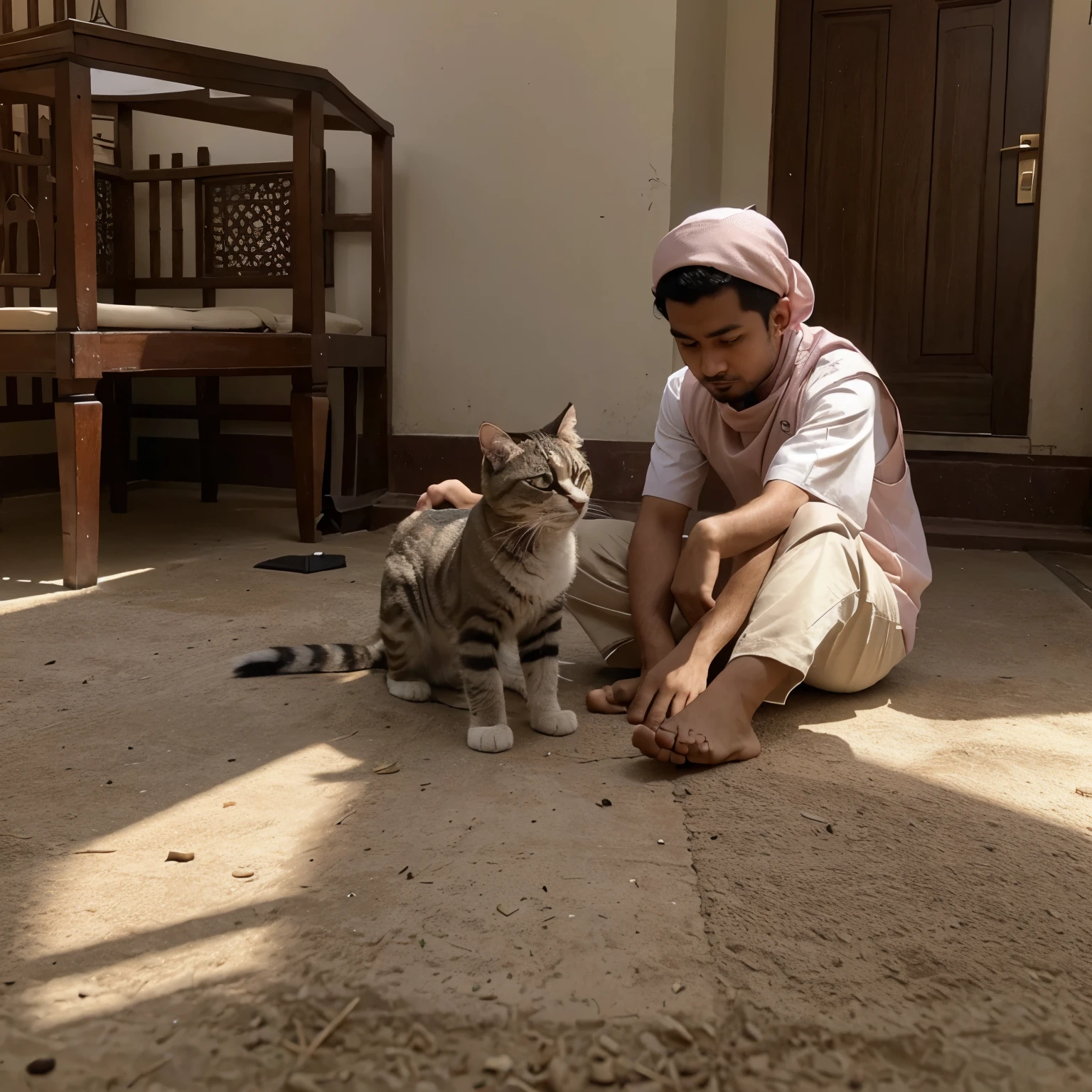 Buatkan aku gambar kucing dengan pakaian muslim bernama Muhammad Sumbul, latar belakang padang pasir