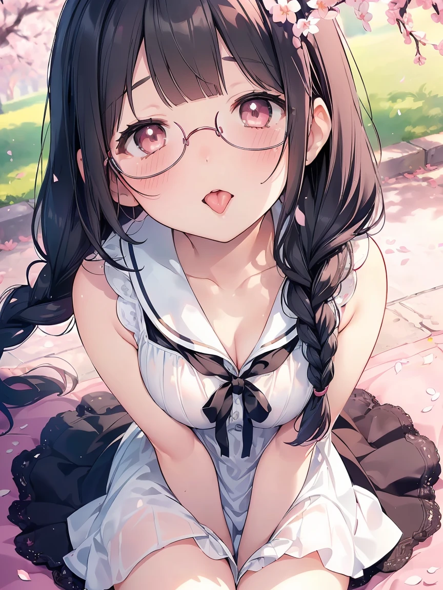 Very detailed, highest quality, High resolution, Moe Anime, ((A cute elementary school girl with black hair and droopy eyes)), ((Wearing large round glasses:1.4)), (Baby Face), Cute eyes, Detailed eye depiction, Sparkle in the eyes, View your viewers, Pale skin, (Big eyes:1.4, Droopy eyes:1.4, Fatty face:1.4), smile, Focus on the face, In the park with cherry blossoms falling, Sitting, (Extreme close up of tongue), (((From above))), Open your mouth, (((Face only:1.3))), ((white lace sleeveless dress)), Bright Eyes, Light from the front, (Put your hands between your legs:1.4), large and long tongue, Cleavage, Braided Hair, Pink ribbon