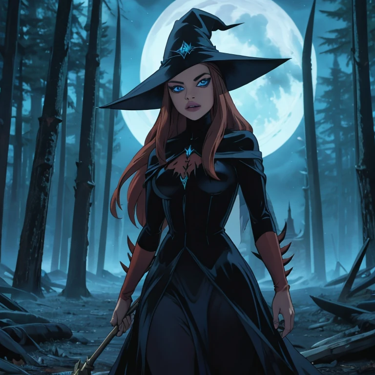 Red with long hair witch , magic crystal blue enchanting eyes , Halloween dark forest, witch forest, dark witch costume, green fire in background, scary high detailed costumes , knight