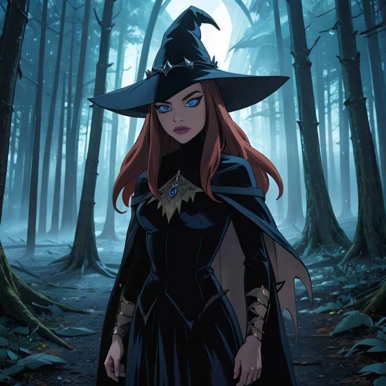 Red with long hair witch , magic crystal blue enchanting eyes , Halloween dark forest, witch forest, dark witch costume, green fire in background, scary high detailed costumes , knight