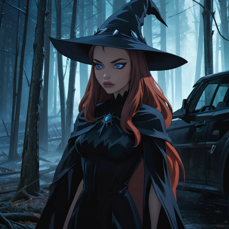 Red with long hair witch , magic crystal blue enchanting eyes , Halloween dark forest, witch forest, dark witch costume, green fire in background, scary high detailed costumes , knight