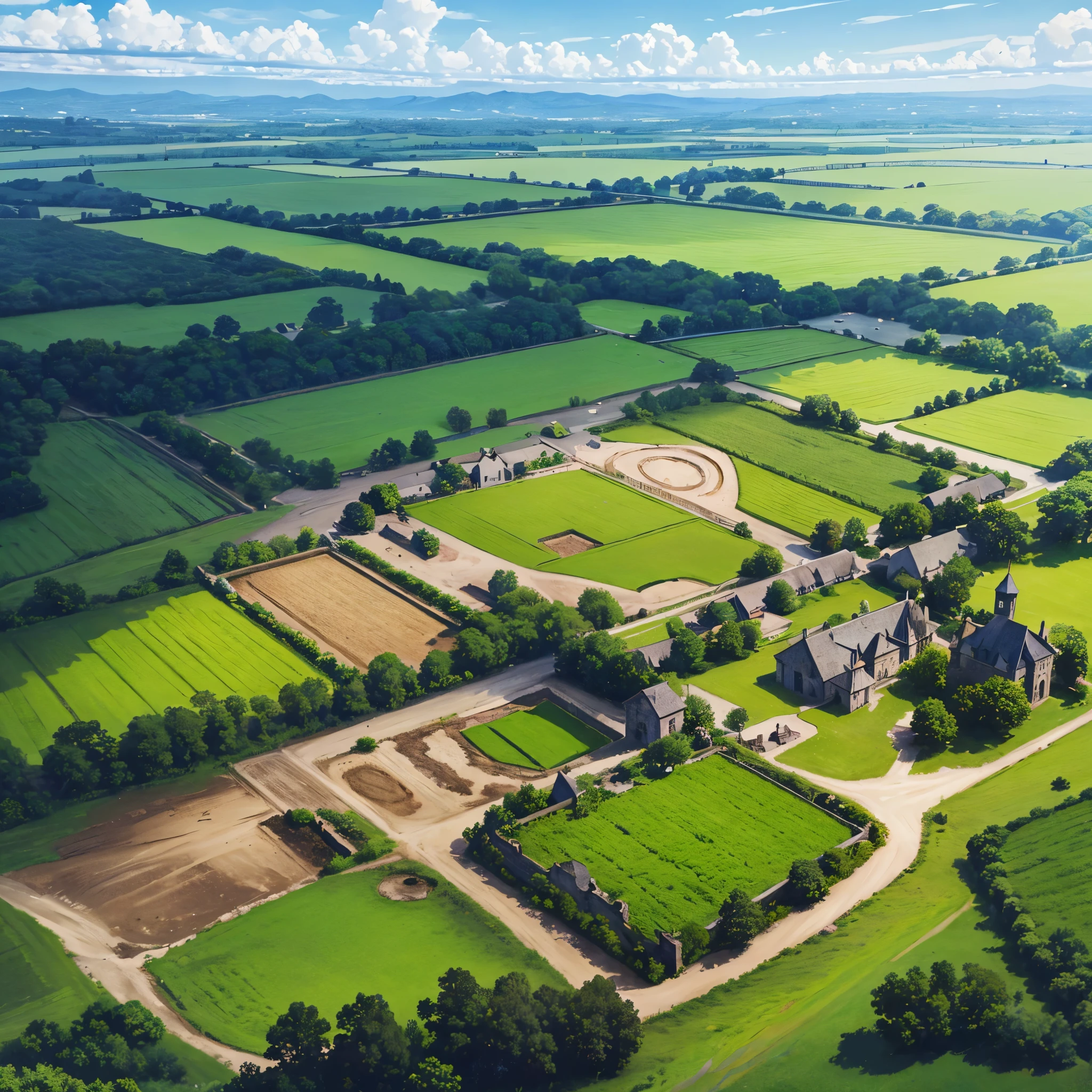 A medieval agricultural field, with dirt road, plantation fields, medieval stone houses, fenced, medieval gazebo, trees, wide view of the place, without any characters in the scene, its blue with white clouds, bloom,, HDR, ultra resolution, sharp, masterpiece, 8K HD
