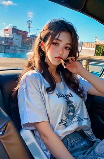 Woman driving a classic car Drive a convertible Long Hair Perm Fluffy hair Driving scene summer coastline Heavy smoker One-handed driving Cigarette in mouth Depiction of smoking Japanese Clothes with short sleeves