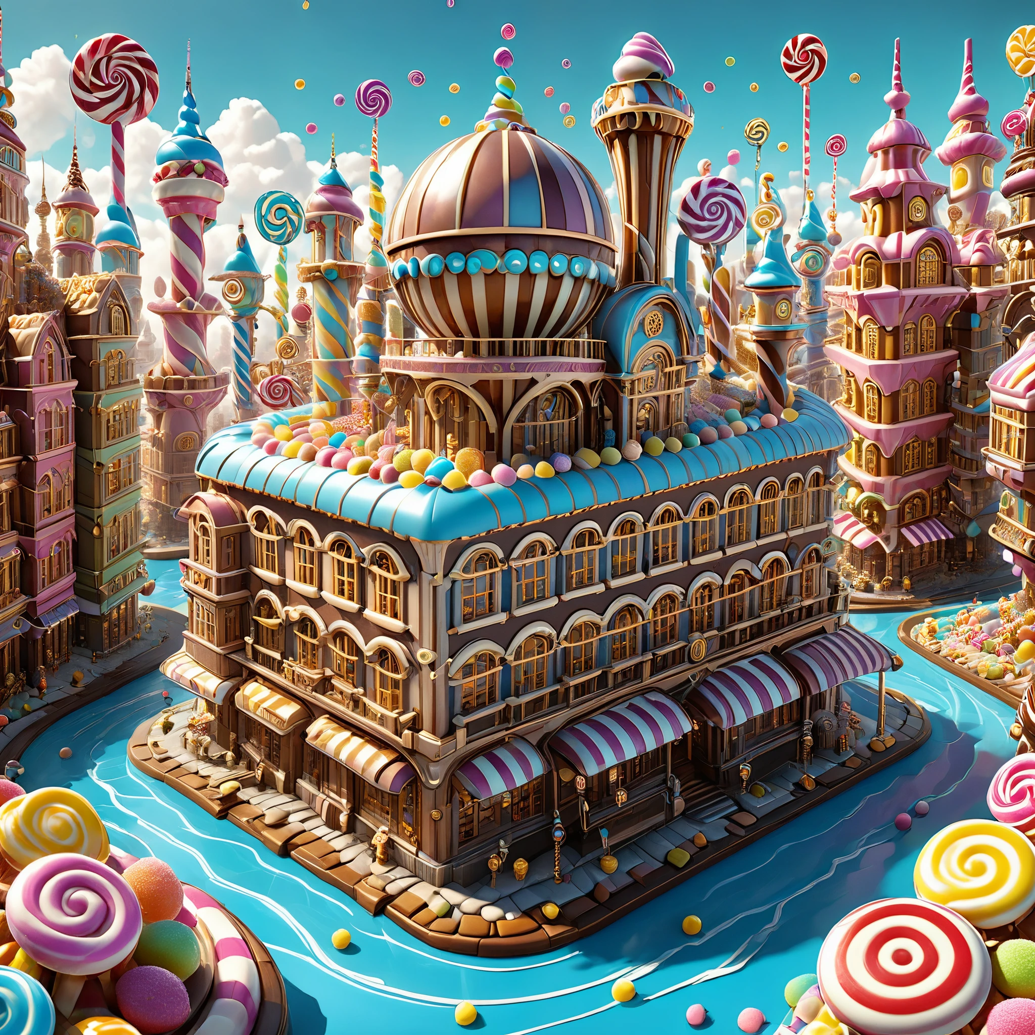 Envision a steampunk candy city in the style of M.C. Escher's impossible architecture, with gravity-defying candy structures and interlocking gears. 8K resolution, photorealistic.