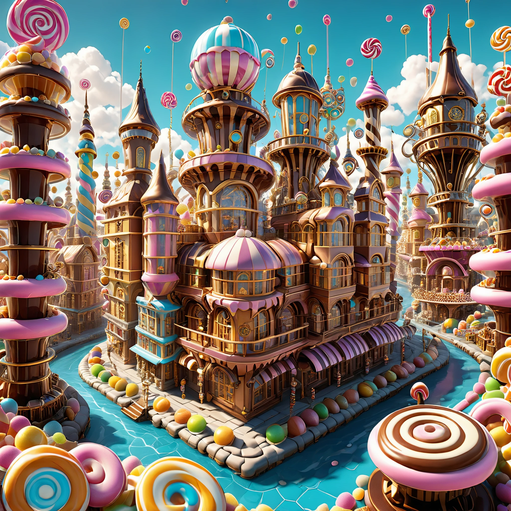 Envision a steampunk candy city in the style of M.C. Escher's impossible architecture, with gravity-defying candy structures and interlocking gears. 8K resolution, photorealistic.