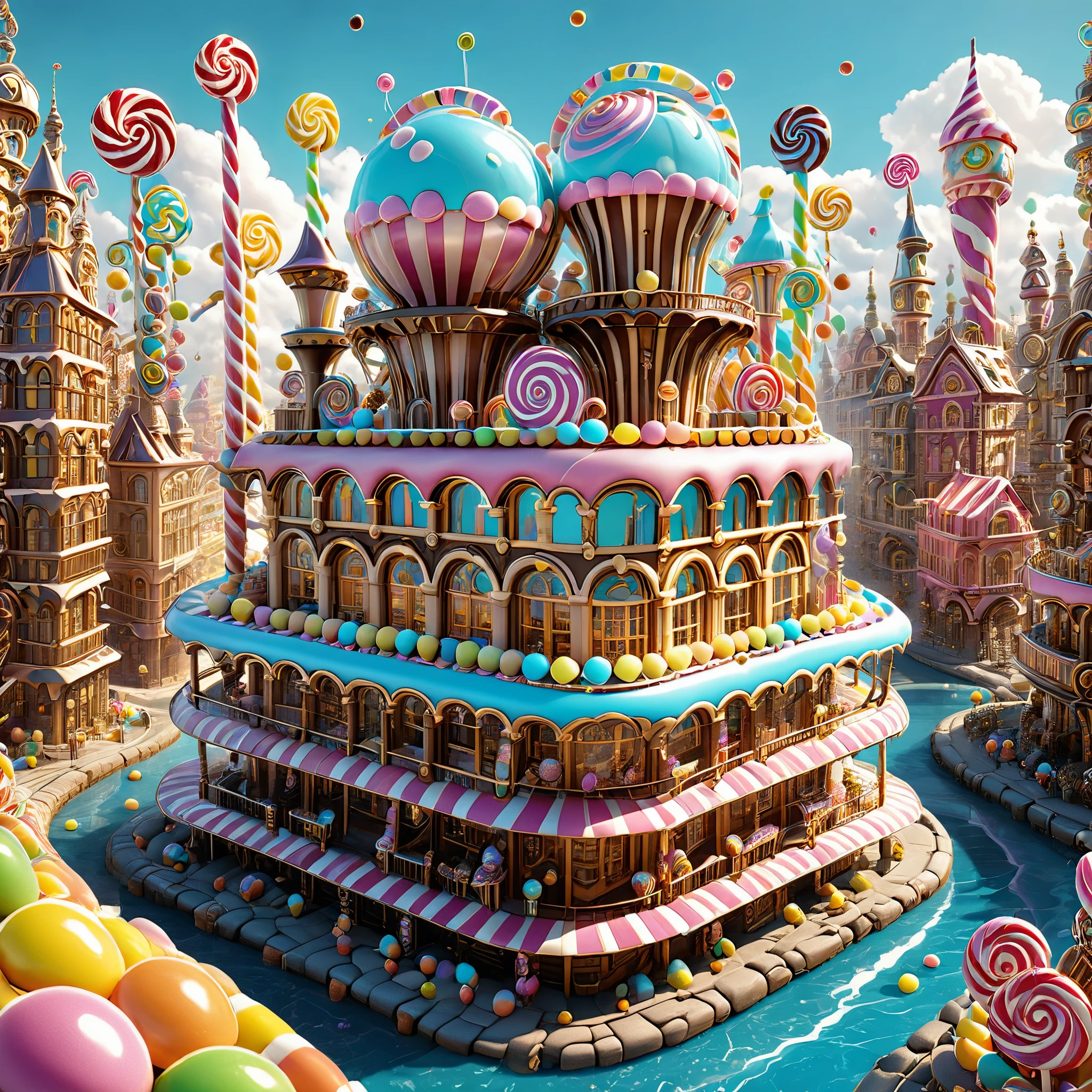 Envision a steampunk candy city in the style of M.C. Escher's impossible architecture, with gravity-defying candy structures and interlocking gears. 8K resolution, photorealistic.