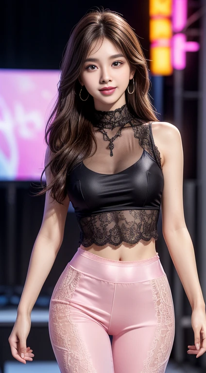 8k, Masterpiece, raw photos, best quality, realistic, Very detailed CG unity 8k wallpaper., depth of field, Cinema-grade lighting, lens flare, Ray tracing, (Very beautiful face, beautiful lips, beautiful eyes), A face with intricate details, ((Ultra-detailed skin)) 1 girl, in the dark, deep shadow, Cute Korean Girl, kpop idols, 1 woman, (very slim slender fit-muscled body:1.3), ((looking at the audience)),(Big smile:1.3), (Tight lace shirt), (hot pink shirt), (Sleeveless Night City, dark night, (neon sign), (blurred background), street night fashion),(without people behind:1.3), beautiful earrings, bangle, necklace, tights, Clear eyes, (Pale skin), (big eyes forward, ((upper body shot)), ((Hot pink silk pants:1.3)),(brown hair),((Tight lace pants)), (see through), (looking at the audience:1.3) open breast, very slim, thick thighs, Medium bust, (see through),((laced boom))