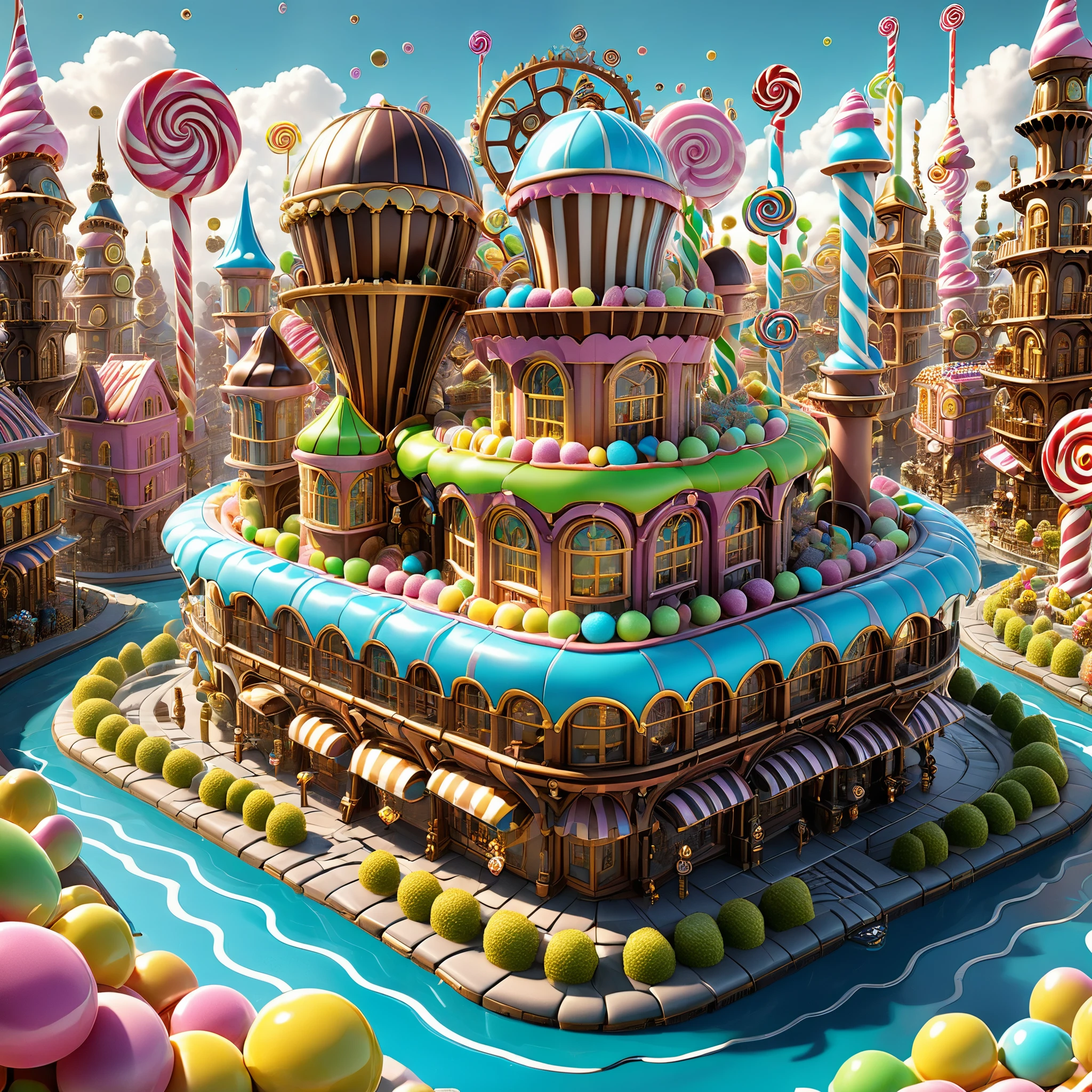 Envision a steampunk candy city in the style of M.C. Escher's impossible architecture, with gravity-defying candy structures and interlocking gears. 8K resolution, photorealistic.