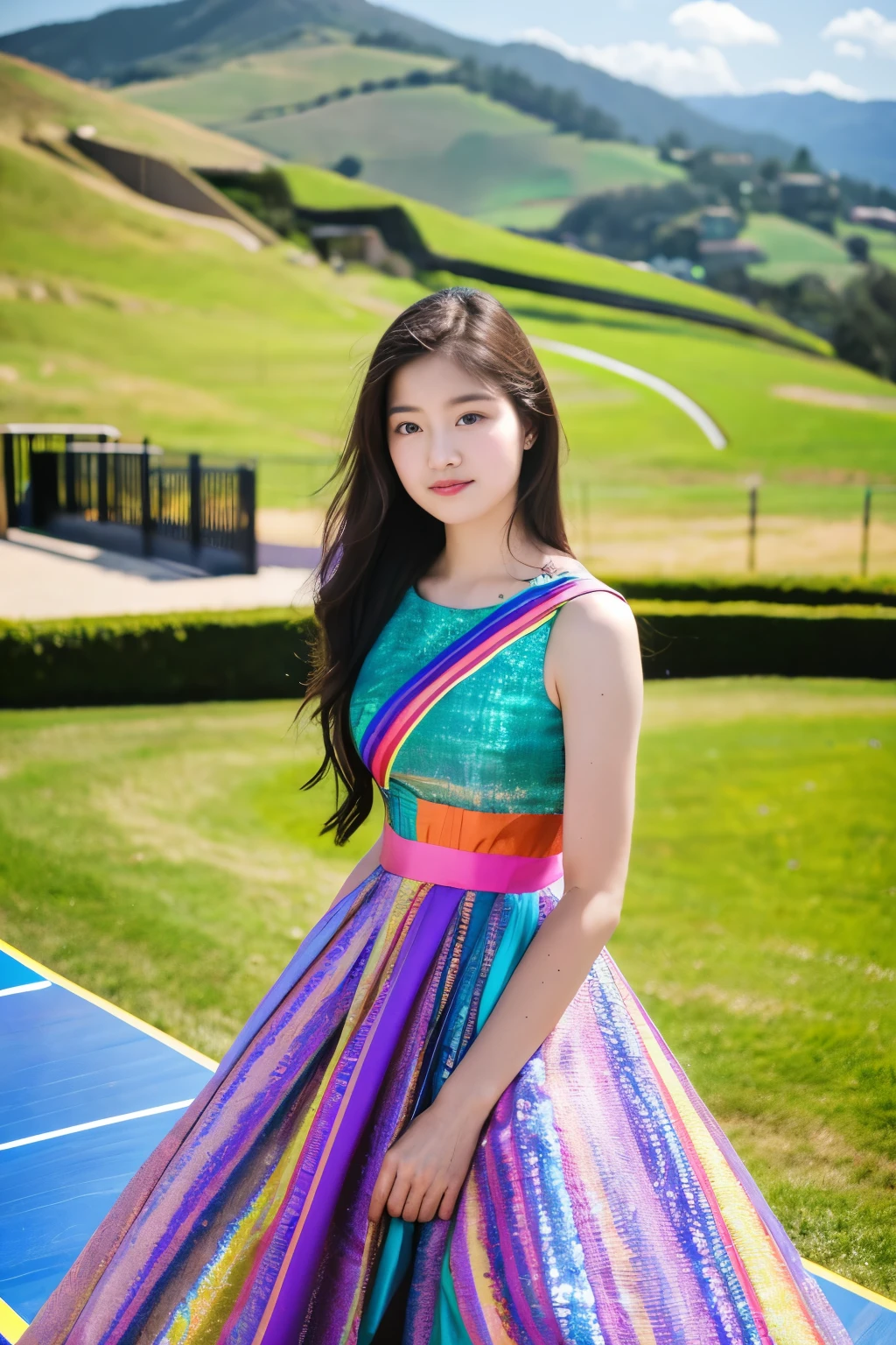 ((best quality)), ((masterpiece)), (detailed), perfect face
A young woman stands for battle, rainbow-colored ramp in an outdoor setting. She is wearing a gown purple with the word "fight" printed across it. The background features a clear sky, green hills, and a colorful playground structure.