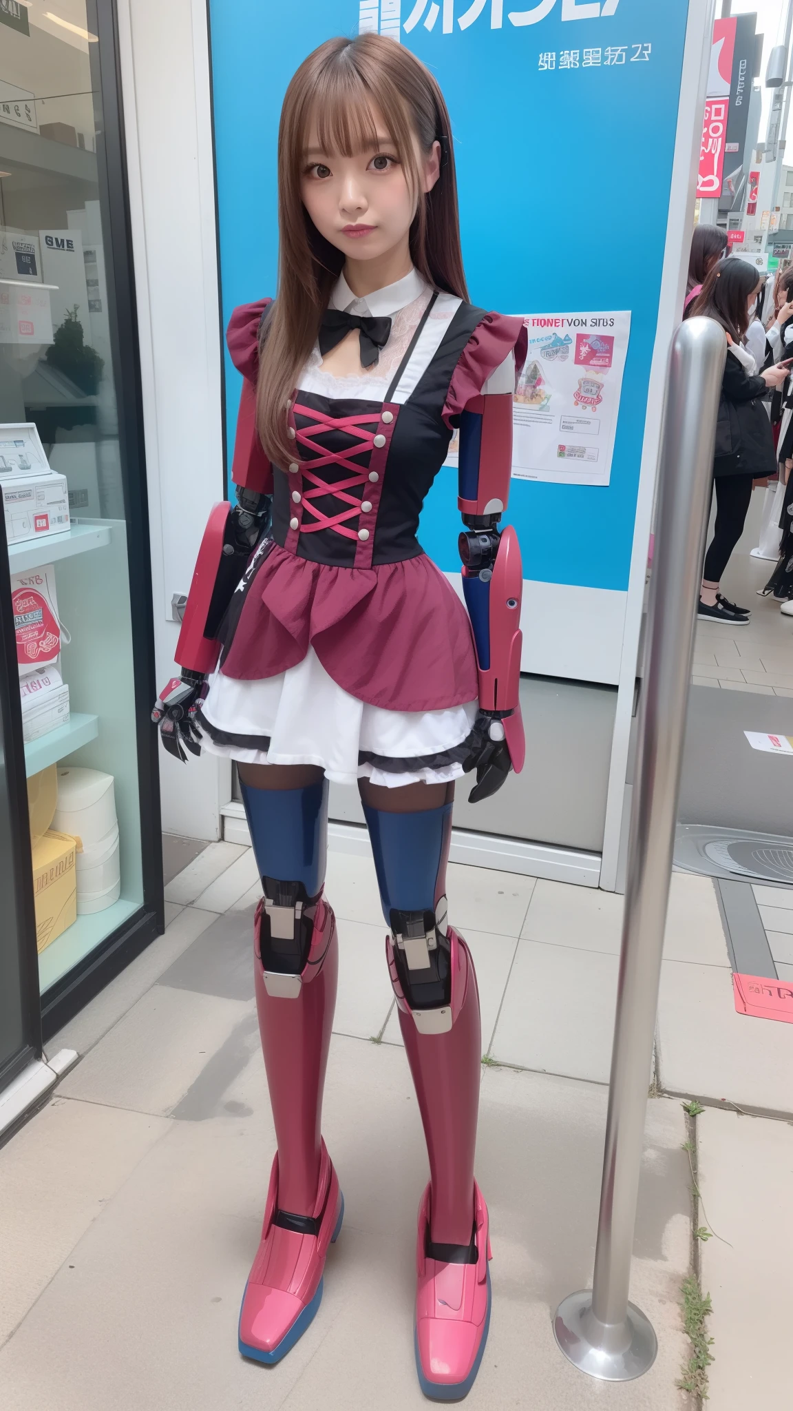 promo photo, waitresses, Gothic Lolita half costume and maid costume, Clothes based on white and pink, robot