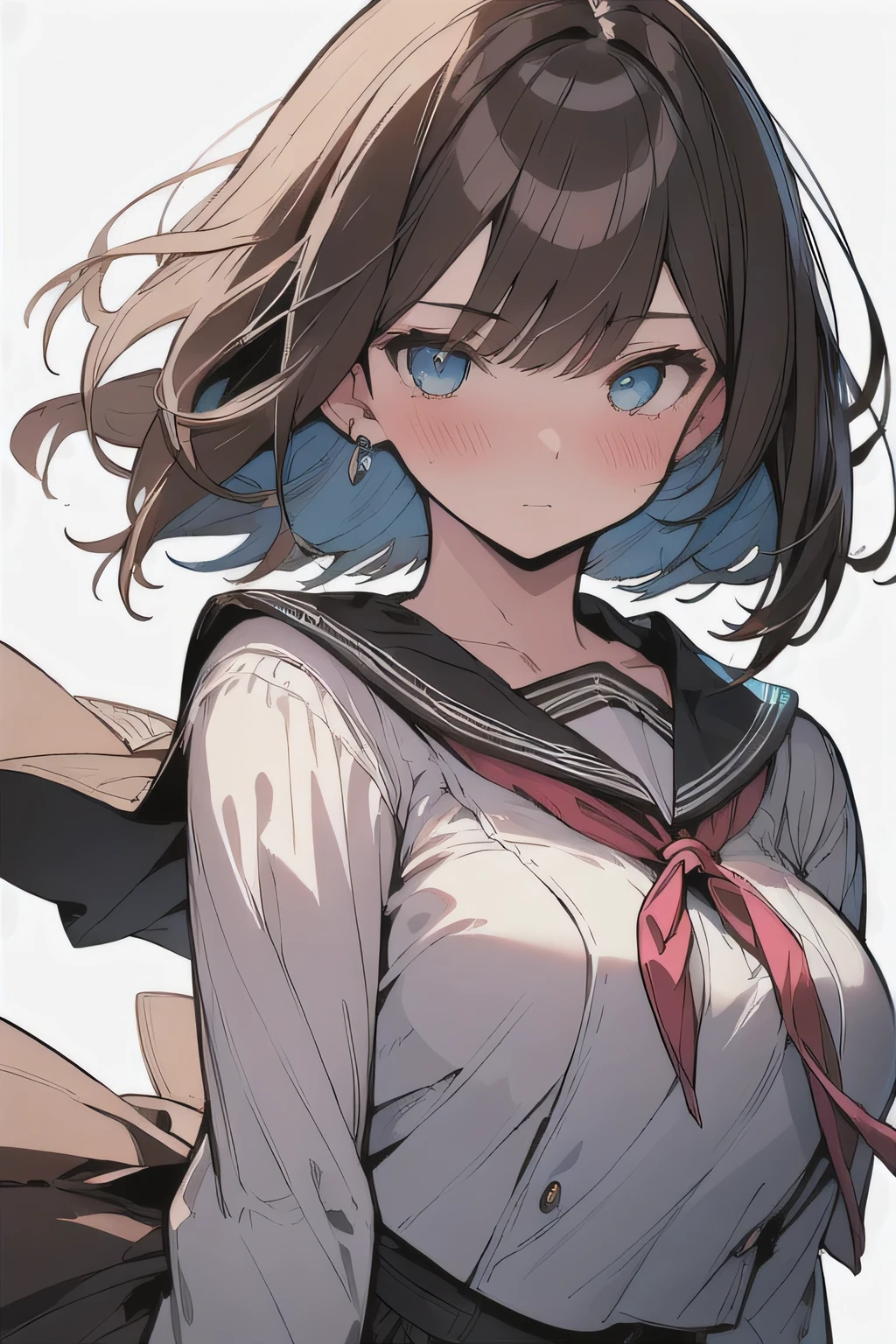 (best quality), (Super detailed), (Best Illustration), (masterpiece), (woman), hands on own chest, {(white serafuku:1.2)}, (large breasts:1.2), {brown hair, (sideburns), (bob cut:1.3), curly hair, hairs between eyes, colored inner hair}, {(detailed eyes), blue eyes}, embarrassed, blush, earring, wind, white background