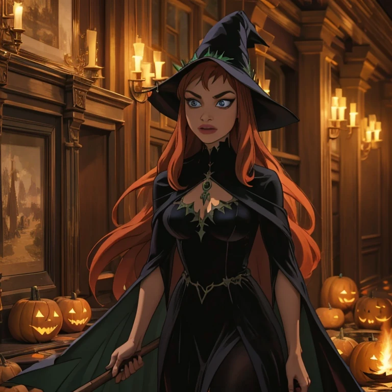 Red with long hair witch , magic crystal blue enchanting eyes , Halloween dark forest, witch forest, dark witch costume, green fire in background, scary high detailed costumes , knight, jungle of pumpkins, green fire rising, 