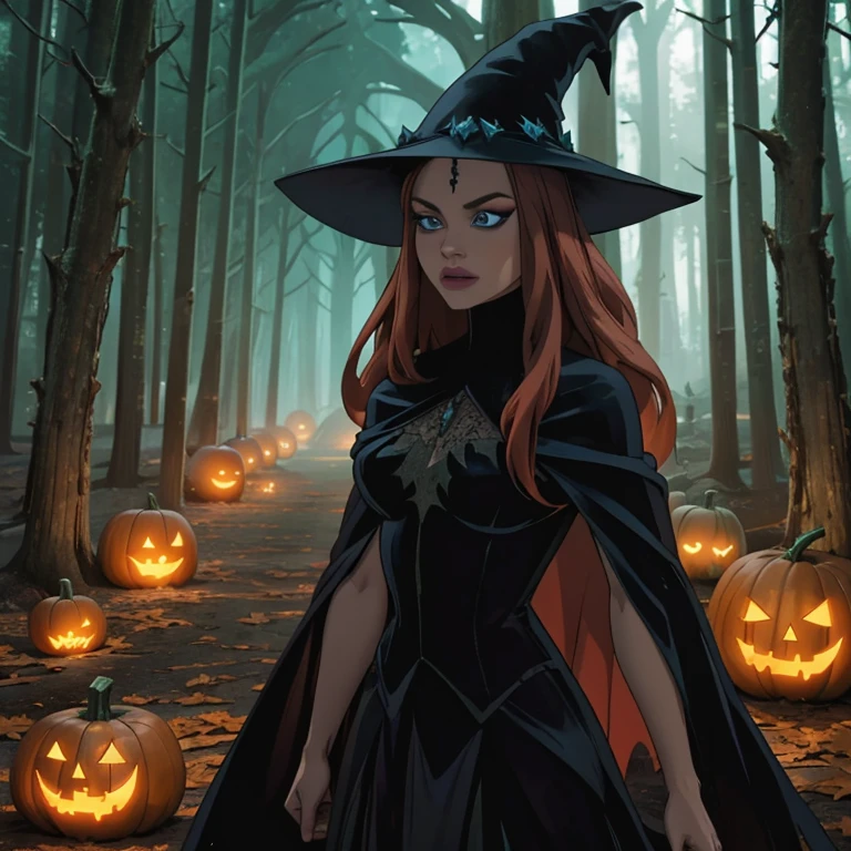 Red with long hair witch , magic crystal blue enchanting eyes , Halloween dark forest, witch forest, dark witch costume, green fire in background, scary high detailed costumes , knight, jungle of pumpkins, green fire rising, 