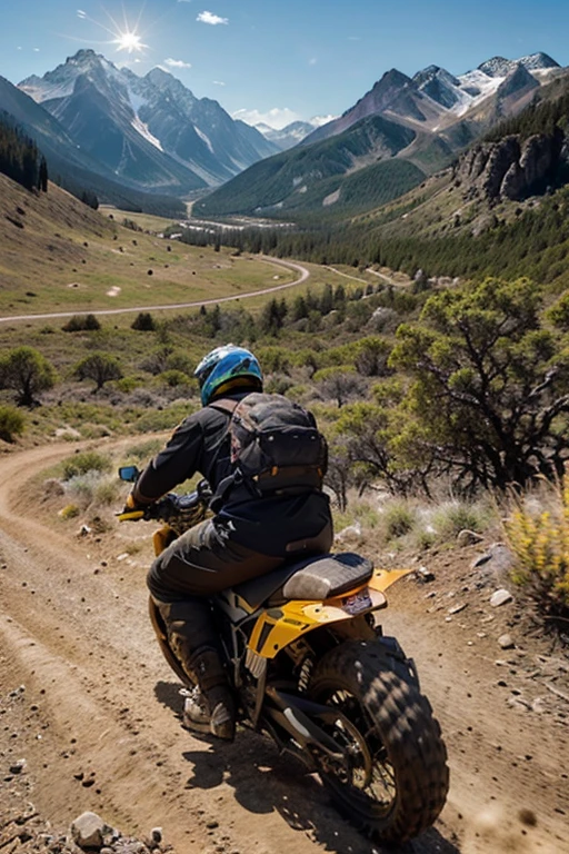 Amidst the rugged grandeur of a mountain range, a lone figure straddles a dirt bike, its tires kicking up dust as it navigates a twisting trail. The rider, clad in vibrant motocross gear, leans confidently into a turn, his expression a mix of concentration and exhilaration. Behind him, the sun casts long shadows across the rocky terrain, painting the landscape in hues of amber and gold. In the distance, jagged peaks pierce the azure sky, adding a sense of awe-inspiring majesty to the scene. The crisp mountain air resonates with the roar of the engine, echoing the rider's adventurous spirit as he conquers the untamed wilderness with every twist of the throttle.
