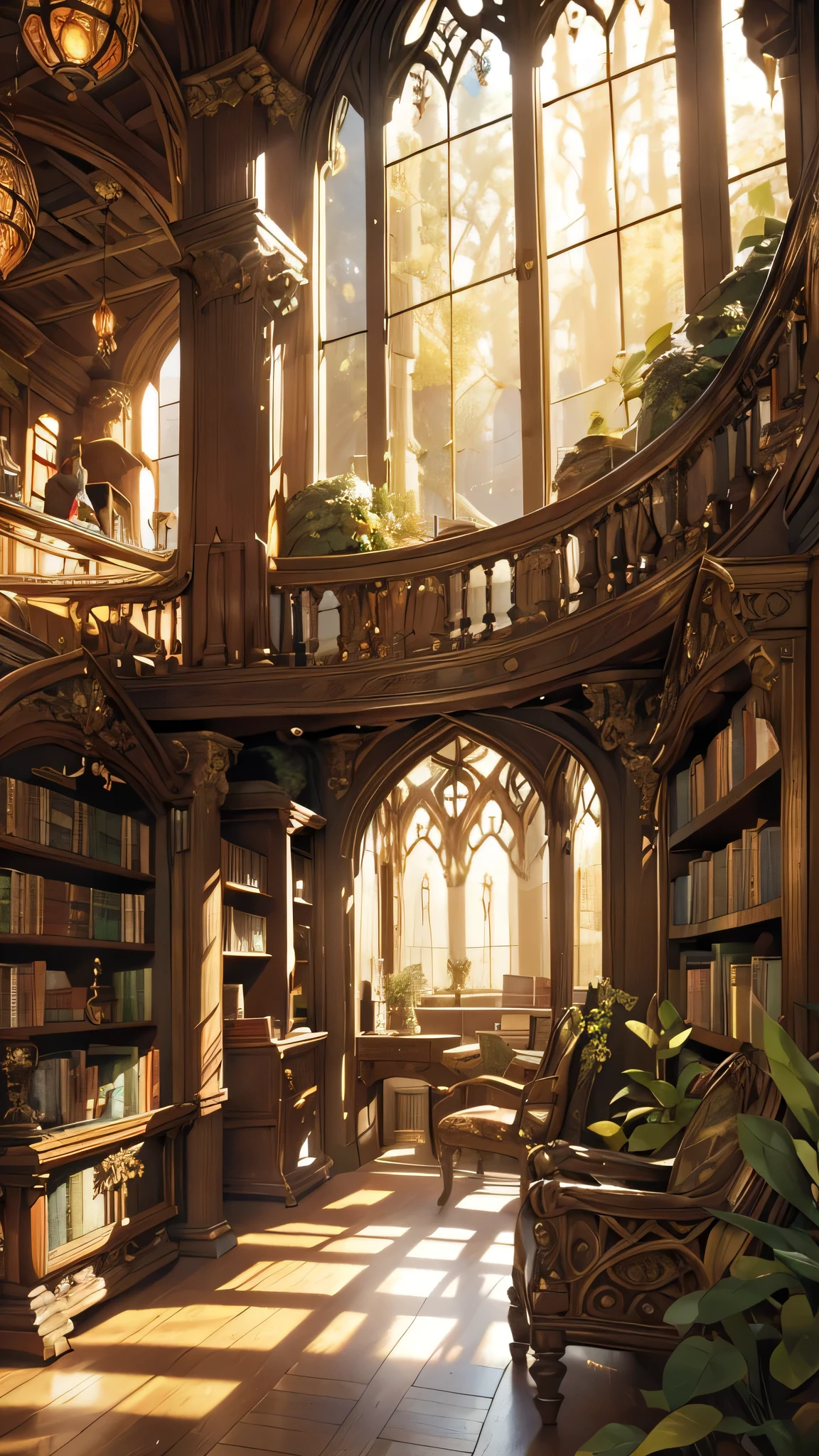 ancient elven library room,bookshelves filled with ancient books and manuscripts,moss-covered walls,majestic architecture,spiral staircases,elaborate stained glass windows,sunlight streaming through the windows,dappled forest light,whispering trees outside,warm and cozy atmosphere,wooden reading desks,antique chandeliers,flickering candlelight,a magical aura,enchanted paintings on the walls,dust particles floating in the air,mysterious secret passages,hidden doorways leading to unknown treasures,ornate wooden carvings,delicate fairy figurines,elf-like librarians navigating the shelves with grace. (best quality,4k,8k,highres,masterpiece:1.2),ultra-detailed,(realistic,photorealistic,photo-realistic:1.37),fantasy,enchanted colors,soft and warm lighting.