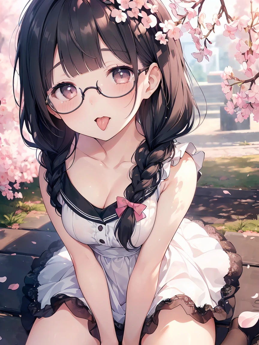 Very detailed, highest quality, High resolution, Moe Anime, ((A cute elementary school girl with black hair and droopy eyes)), ((Wearing large round glasses:1.4)), (Baby Face), Cute eyes, Detailed eye depiction, Sparkle in the eyes, View your viewers, Pale skin, (Big eyes:1.4, Droopy eyes:1.4, Fatty face:1.4), smile, Focus on the face, In the park with cherry blossoms falling, Sitting, (Extreme close up of tongue), (((From above))), Open your mouth, (((Face only:1.3))), ((white lace sleeveless dress)), Bright Eyes, Light from the front, (Put your hands between your legs:1.4), large and long tongue, Cleavage, Braided Hair, Pink ribbon