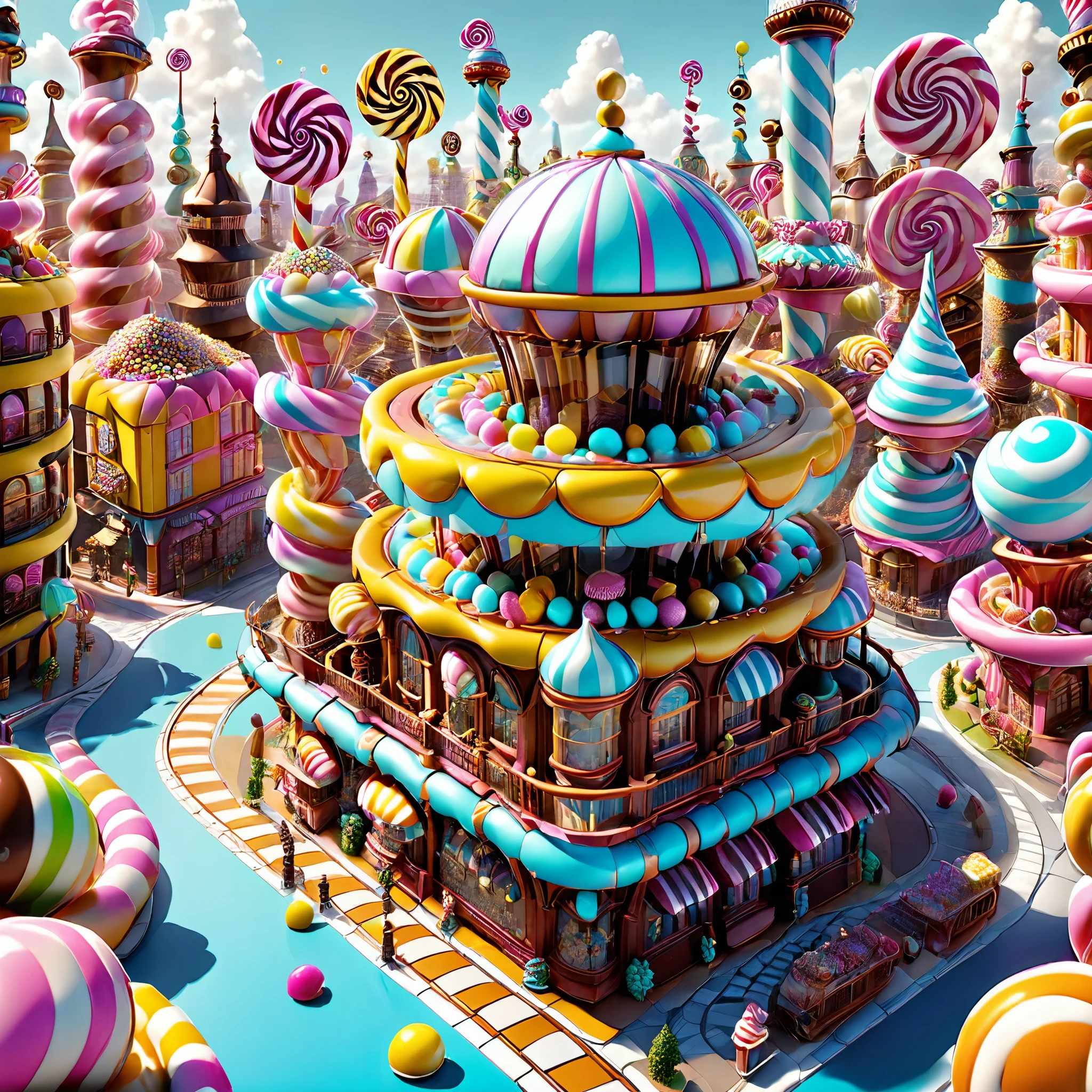 Envision a steampunk candy city in the style of M.C. Escher's impossible architecture, with gravity-defying candy structures and interlocking gears. 8K resolution, photorealistic.