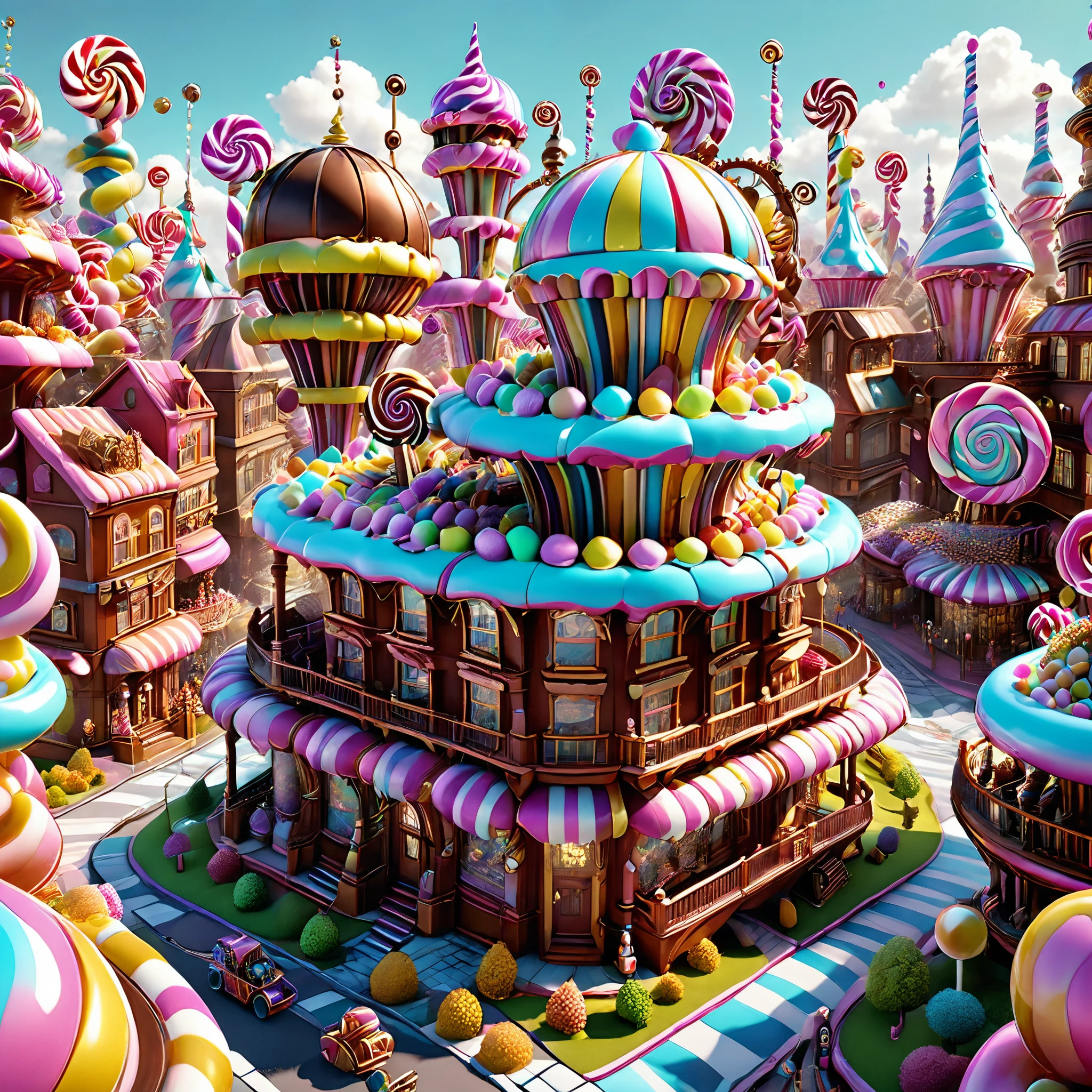 Envision a steampunk candy city in the style of M.C. Escher's impossible architecture, with gravity-defying candy structures and interlocking gears. 8K resolution, photorealistic.