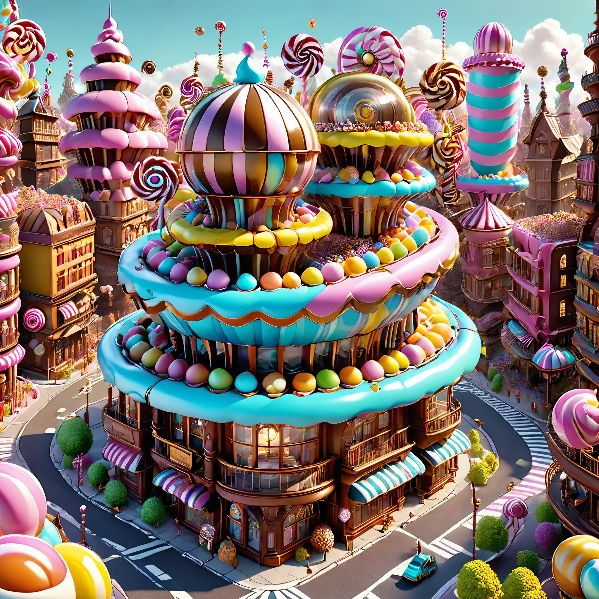 Envision a steampunk candy city in the style of M.C. Escher's impossible architecture, with gravity-defying candy structures and interlocking gears. 8K resolution, photorealistic.