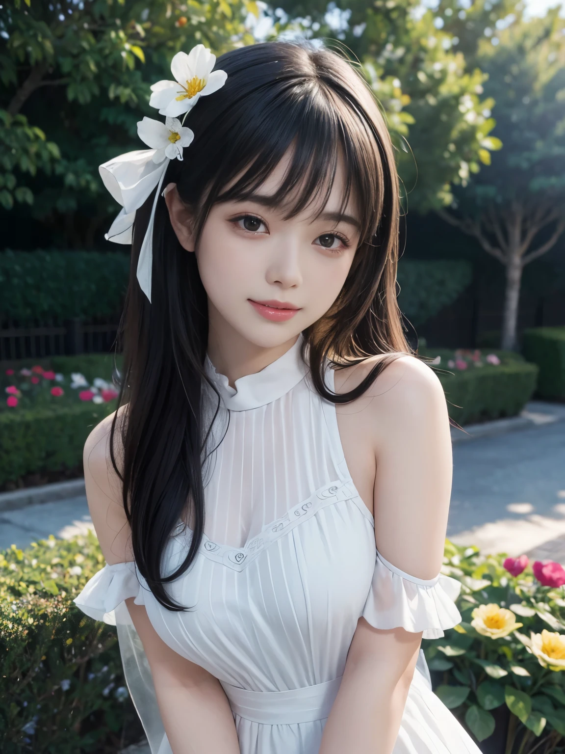 (ultra realistic) , (illustration), (increase resolution), (8K), (extremely detailed), (best illustration), (beautiful detailed eyes), (best quality), (ultra-detailed), (masterpiece), (wallpaper), (detailed face), solo,1 girl, looking at viewers, black straight hair, delicate details, in the dark, deep shadow, low key, pureerosfaceace_v1, happy smile, summer dress, full body, flower garden