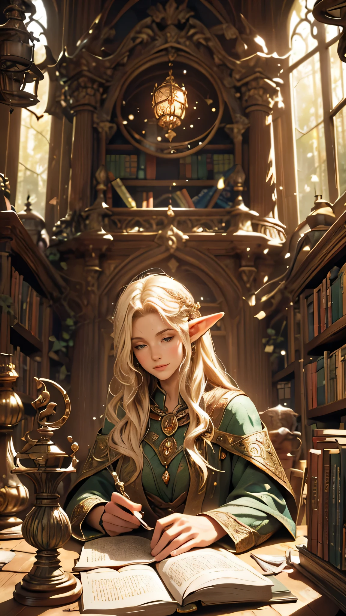 ancient elven library room,bookshelves filled with ancient books and manuscripts,moss-covered walls,majestic architecture,spiral staircases,elaborate stained glass windows,sunlight streaming through the windows,dappled forest light,whispering trees outside,warm and cozy atmosphere,wooden reading desks,antique chandeliers,flickering candlelight,a magical aura,enchanted paintings on the walls,dust particles floating in the air,mysterious secret passages,hidden doorways leading to unknown treasures,ornate wooden carvings,delicate fairy figurines,elf-like librarians navigating the shelves with grace. (best quality,4k,8k,highres,masterpiece:1.2),ultra-detailed,(realistic,photorealistic,photo-realistic:1.37),fantasy,enchanted colors,soft and warm lighting.