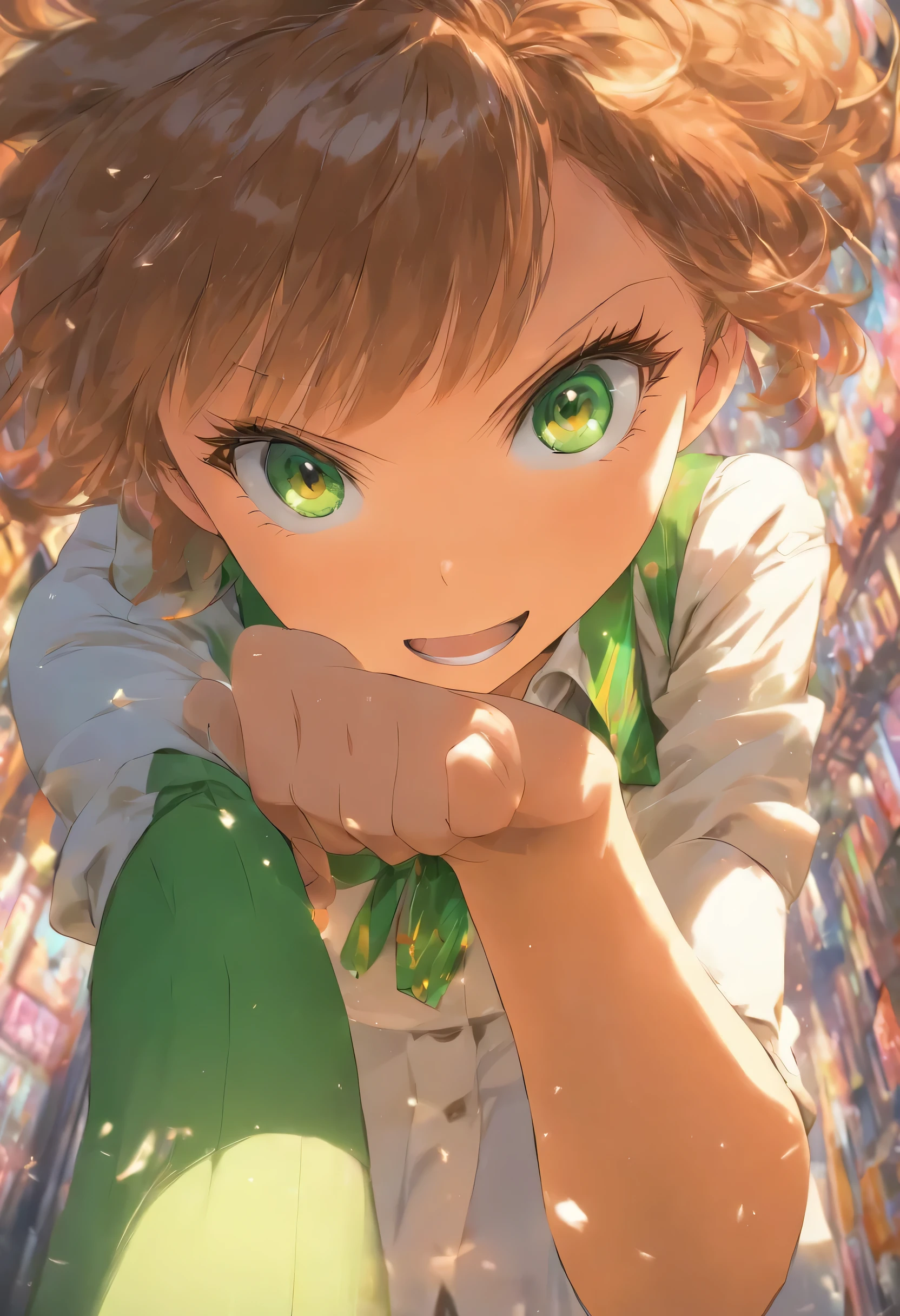 masterpiece, highest quality, best quality, 1girl, solo, looking at viewer, , tezuka rin, (armless amputee:1.2), brown hair, collar, collared shirt, (double amputee:1.2), green eyes, katawa shoujo, red necktie, shirt, short hair, solo, white shirt,  lozhkin, grin, accurate teeth with gaps 